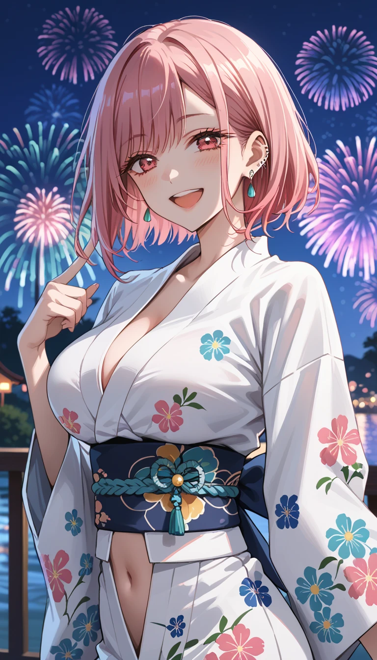 (8k, best quality, masterpiece:1.2), ultra high-res, extremely detailed, HDR, perfect lighting, perfect anatomy, very cute girl, solo, standing, pink hair, floral yukata, short length, (exposed shoulders and collarbones), breast cleavege, playing the electric guitar BREAK (8k, best quality, masterpiece:1.2), ultra high-res, extremely detailed, HDR, perfect lighting, very detailed background, beautiful fireworks, beautiful starry sky, sky full of stars, wide lake, light reflection