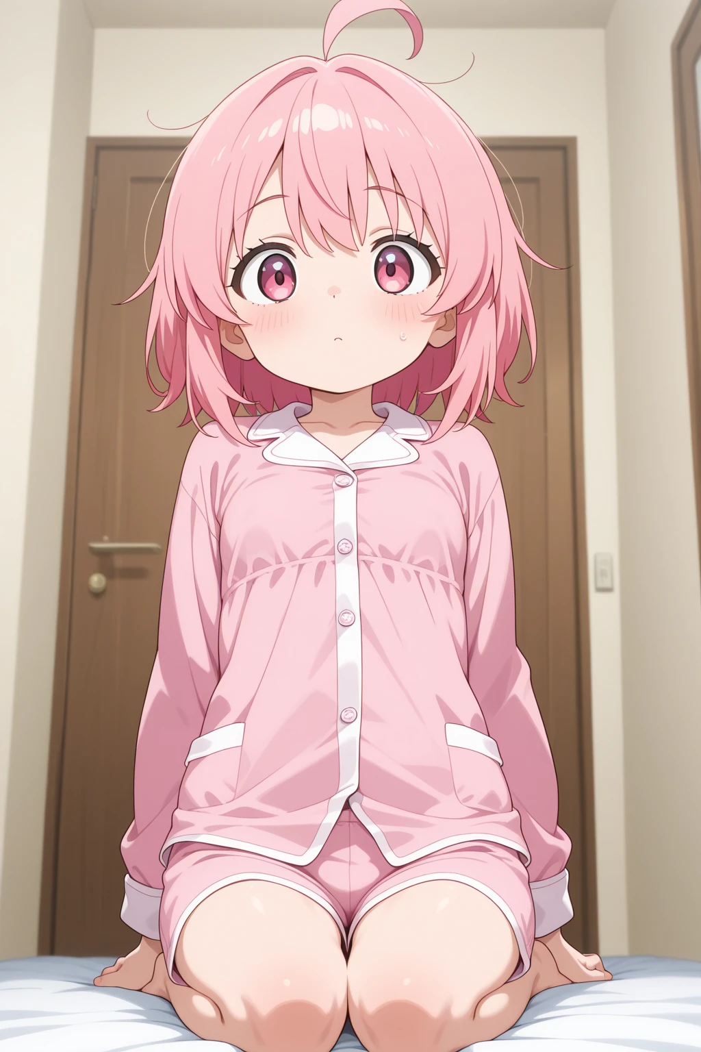 clean, {{scan}}, {{{masterpiece}}}, {{{high quality}}}, {{{animeted}}}, anime colored, {{{official art}}}, perfect body, best quality, (masterpiece:1.2), highly detailed, 2D, anime coloring, blush, lying, on back, on bed, white bed, spread legs, legs up, arms behind back, (((pink panties, white t-shirts))), pov crotch, (flat chest:1.4), ((((Skinny)))), Slim Body, Slim waist, (((slim legs))), small hips, thin limbs, ((thin)), , slender, 1girl, madoka, collarbone, two side up, pink hair, crotch, white background, simple background, flat background, looking at viewer, cowboy shot, camel toe, blush, closed mouth, shy, light smile, face-to-face