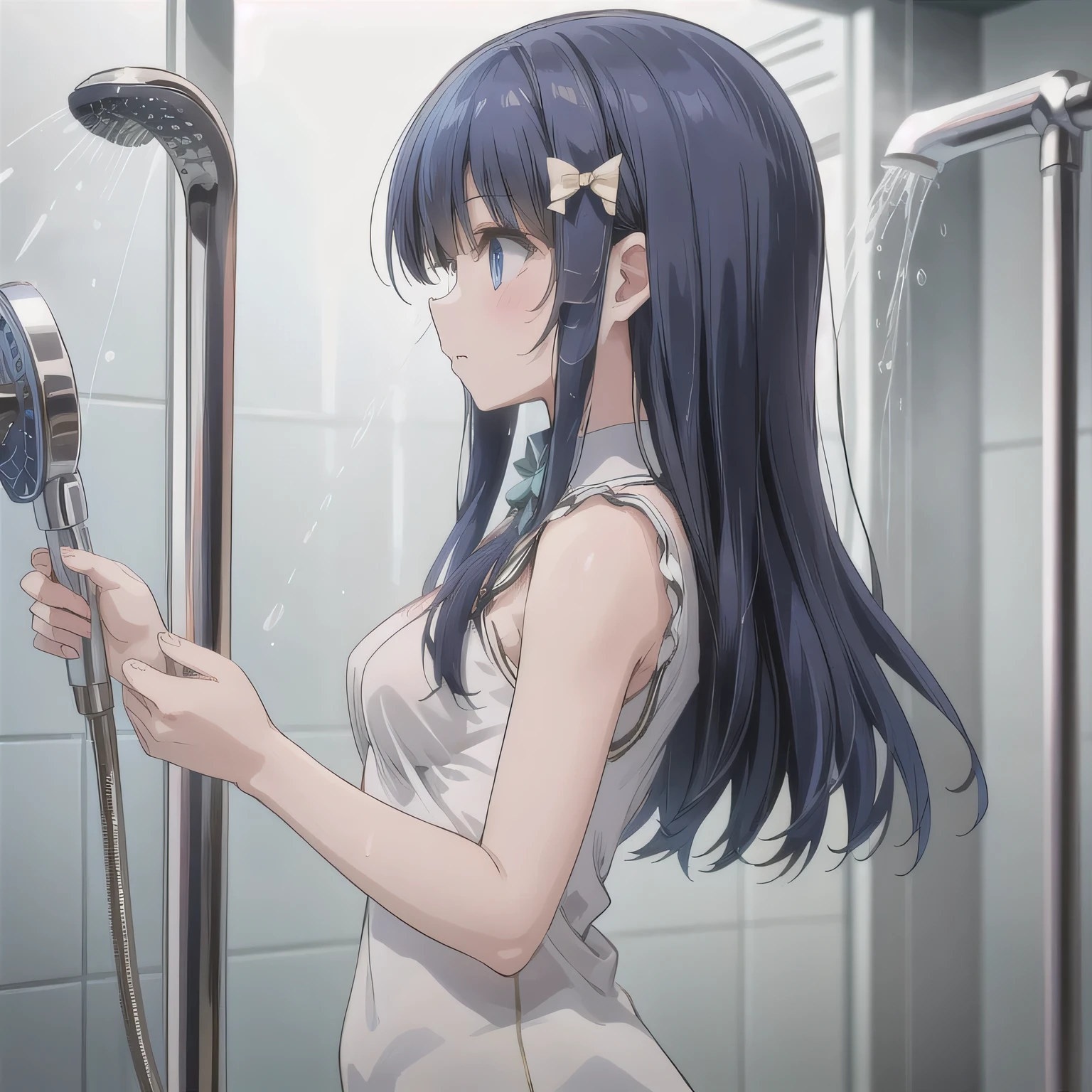Best quality,1 girl,taking a shower,Get wet,soaking wet,比基尼,Long black hair