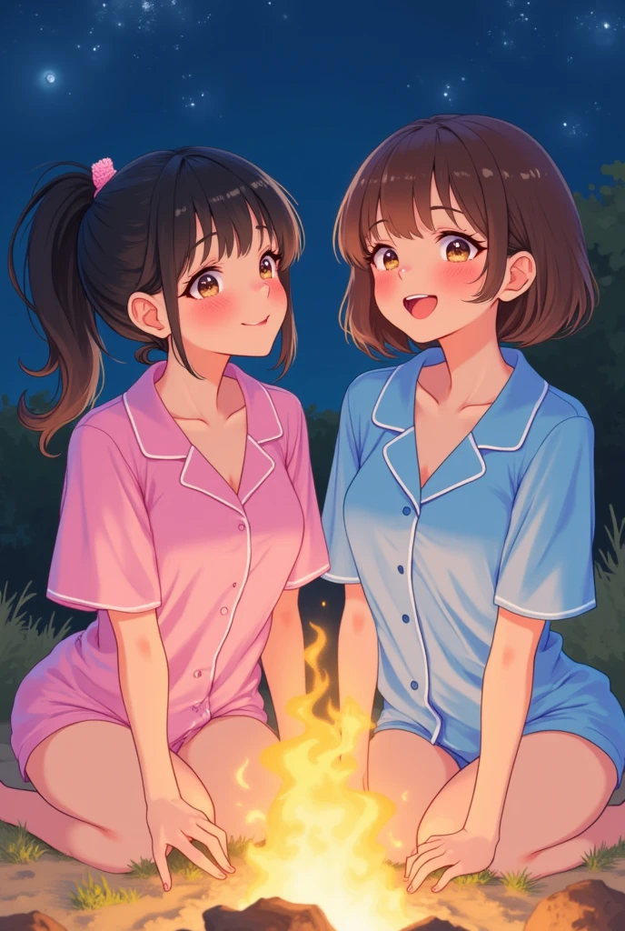 Ponytail sisters,Open-chested clothing,campfire,Unbuttoned,They are hugging each other,Midnight,Adult atmosphere,Looks sleepy