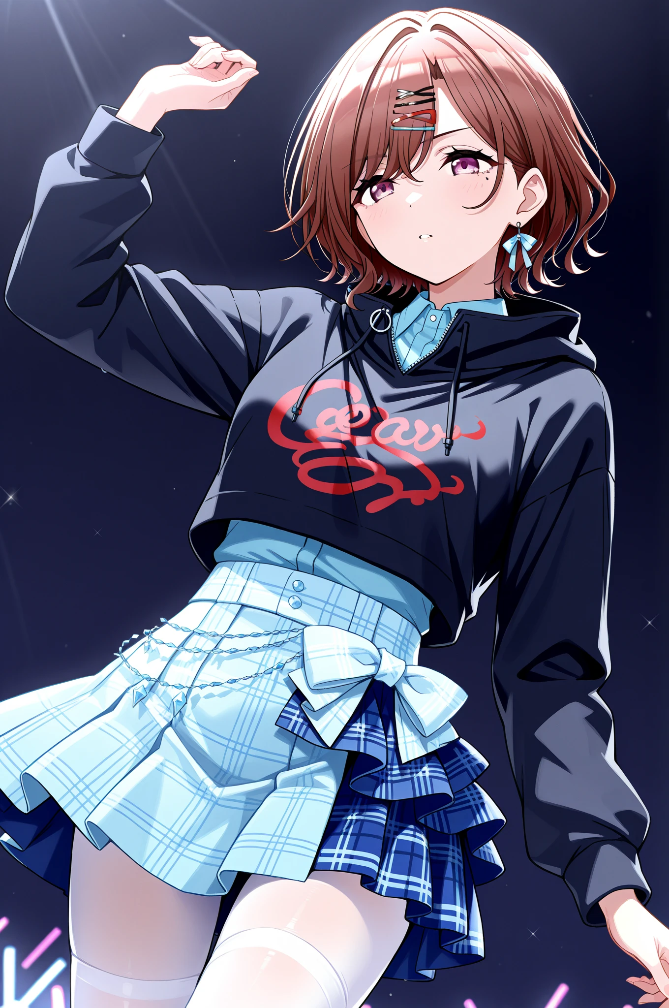 score_9, score_8_Excellent, One Girl, Grey Lead, Under-rim round glasses, interpretation, Brown eyes, Brown Hair, Medium Hair, bedhead hair, Ahoge, Messy Hair, Big Hair, Medium chest and beard, mouth half open, Excellentから, Please place your hand on your chest , face to tipafter that, Looking into the distance, Contrasting, Dynamic pose, Cinema Lighting, , Deep multi-colored sweater, Heart Cutout Amber Pleated Check_Skirt Ankle socks Light bulb_after that_shoes, Daytime , Blood Moon Altar