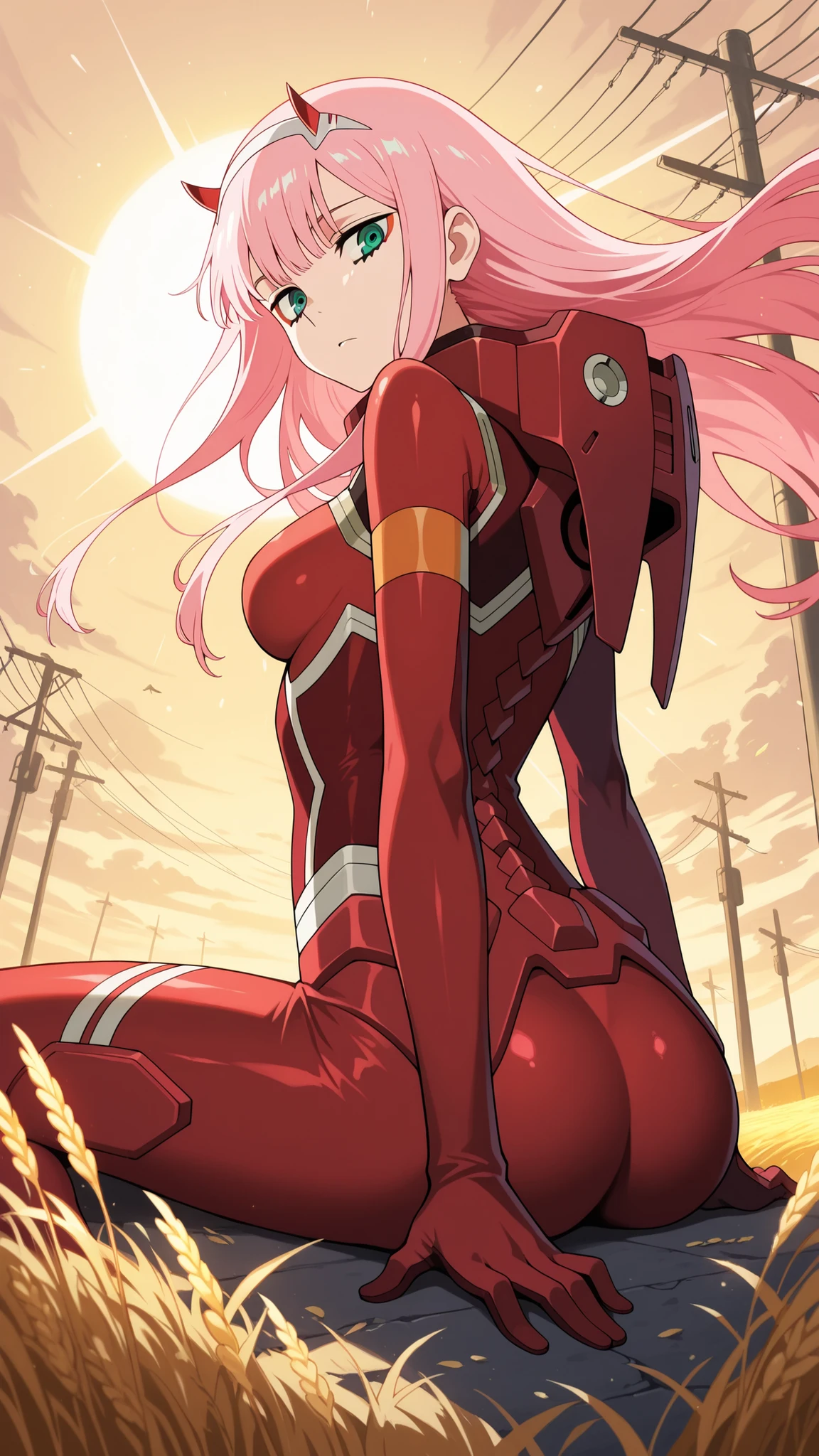 BREAK (masterpiece:1.2), best quality, high resolution, unity 8k wallpaper, (illustration:0.8), (beautiful detailed eyes:1.6),Endless golden wheat field at sunset, a massive rusted scythe taller than telephone poles lies abandoned amidst the stalks, its curved blade casting long shadows across the rolling hills, disturbed wheat forming a perfect cut-line where the weapon fell, colossal battle-worn mecha,crows circling overhead like living smoke, 4K ultra-detailed, surreal rural horror atmosphere , zero two, zero two \(darling in the franxx\), green eyes, hairband, horns, long hair, pink hair, red horns, white hairband, zero two, zero two \(darling in the franxx\), green eyes, hairband, horns, long hair, pink hair, red horns, white hairband,bodysuit, covered navel, pilot suit, red bodysuit,tight bodysuit, science fiction,floating hair,arched back,sitting on ground,sitting on kness,from below,from behind,looking at viewer.