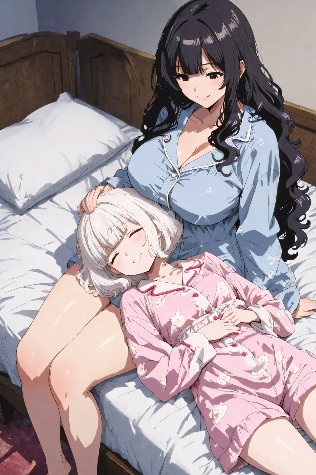 adventurer pajamas, (2girls:1.5), (simple background) (sleeping on a bed together cuddling: 1.2), (girl laid down on a bed: 1.2) (giantess closeup breasts: 1.6), (height_difference:1.7), (size_difference:1.3), (a miniature ggirl sleeping next to the breasts of a giantess:1.3)