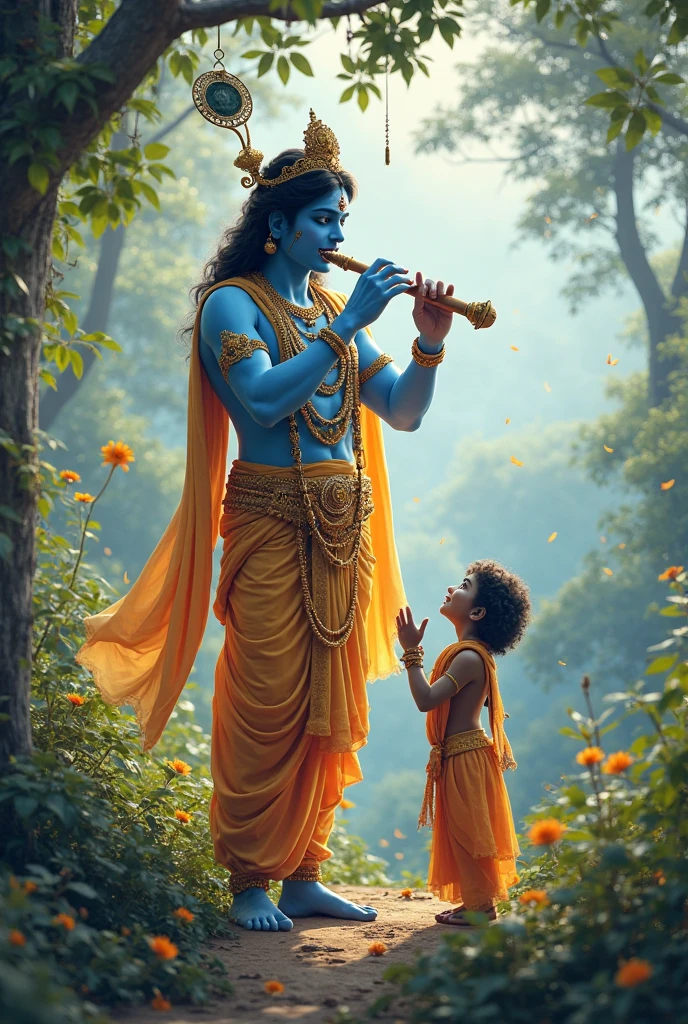 Bhagvan  Krishn playing flute 
 with a boy  name krishna on shirt 