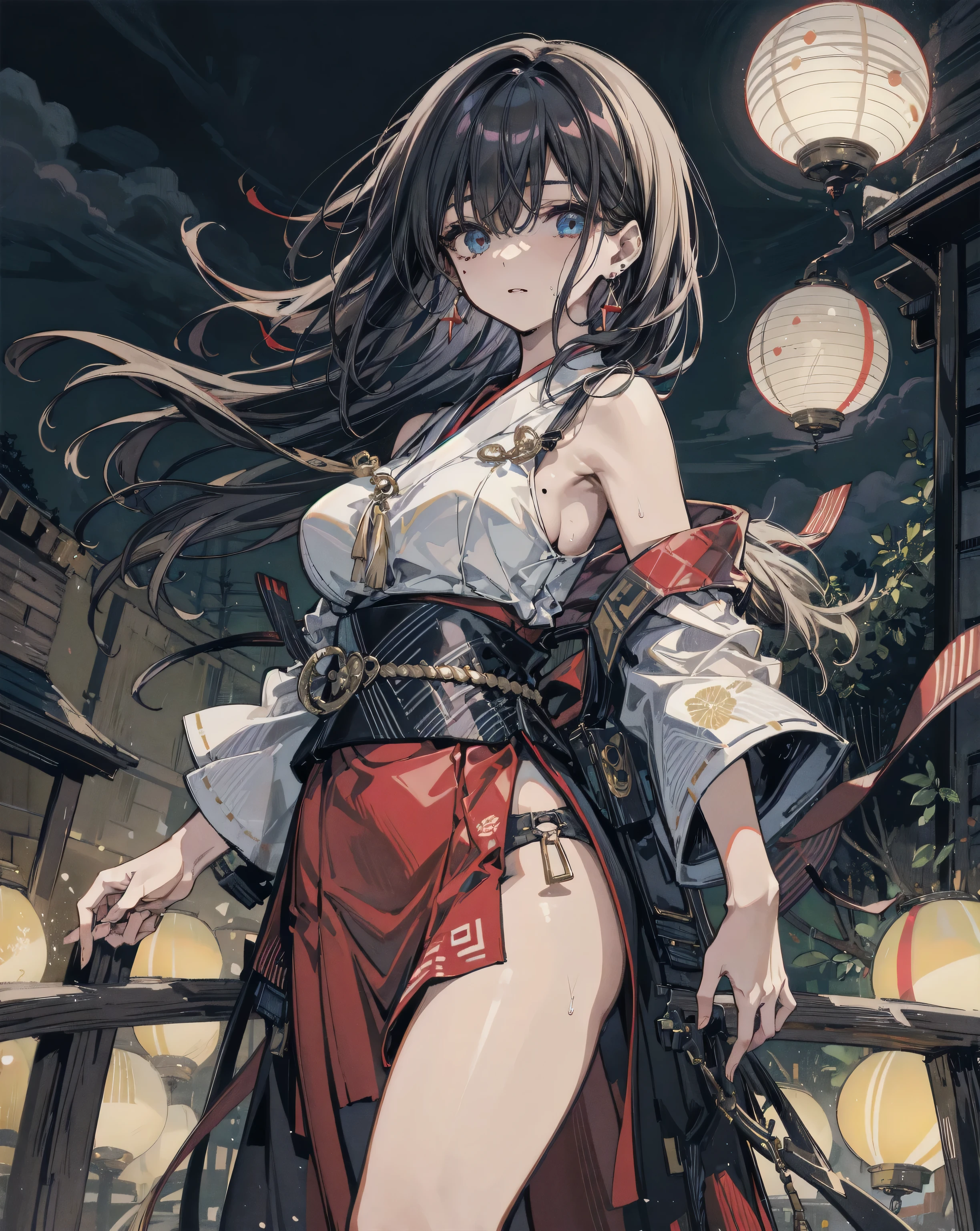 Girl, black hair, shrine maiden outfit, expressionless, night, torii gate, shrine, crow