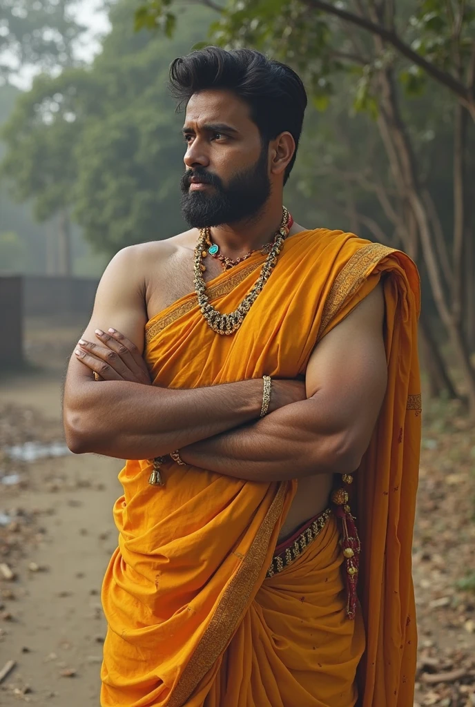 Cleanly shaven man in South Indian traditional dress blessing with his hands.