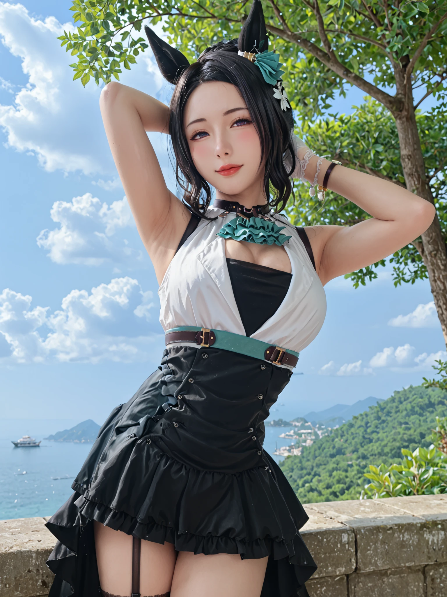 realistic photo,live-action,masterpiece, best quality, very high resolution,sleeveless,((Show me your armpits)),Cleavage,solo,1girl,drill hair, chest wrap ,white-eye lamone, Multi Colored Hair, Braided Bun, striped hair on men's clothing, Year Ornament, moles under the eyes that can be seen inside the genitals, Green Ascot, multi colored clothes ,creevage cutout, Harness, belt, bracelet, single glove , Frill High Waist Skirt, Horse Ears,Horse Tail, single garter strap, Single Black Thigh High,hair ornament,Outdoors, Reef, null, tree, cloud, Blurry, blush, front view,(sexy pose,Seductive Poses,cross your arms behind your head,kiss face)