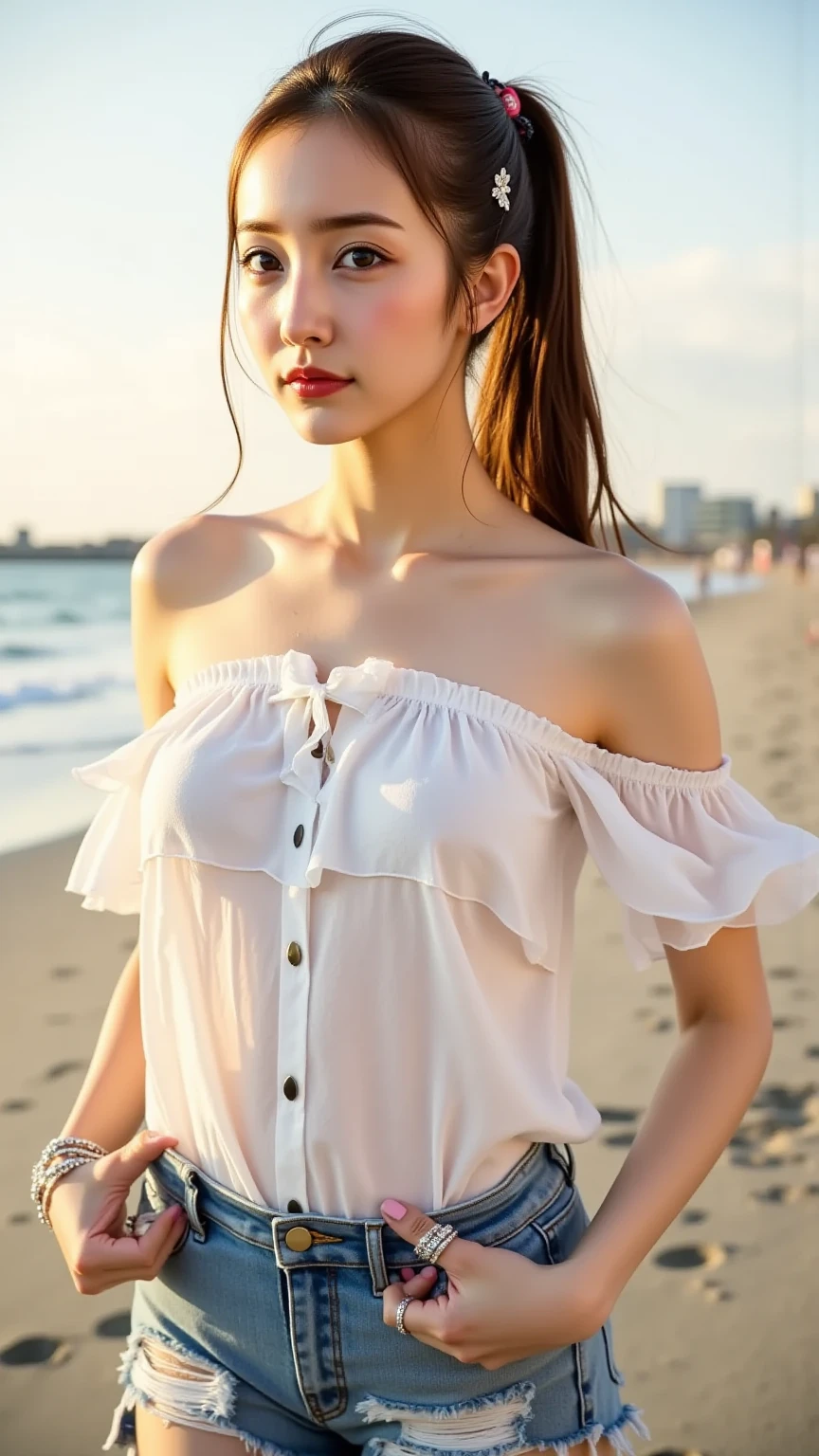 1girl, Extremely cute face, (hyper-realistic, hight resolution), (Best Quality:1.4), Raw photo, (Realistic, Photorealsitic:1.37), Professional Photography, Cinematic Light, (Highly detailed eyes, Highly detailed face), (lace shirt off-shoulder:1.4), Beautiful breasts, (no panties:1.2), pubic hair, Upper body, smile slightly, sitting, Spread your legs wide open, (no panties:1.3), stare at me, beach, sandy beach, palm tree, (beach scenery with a beautiful sunset:1.35),