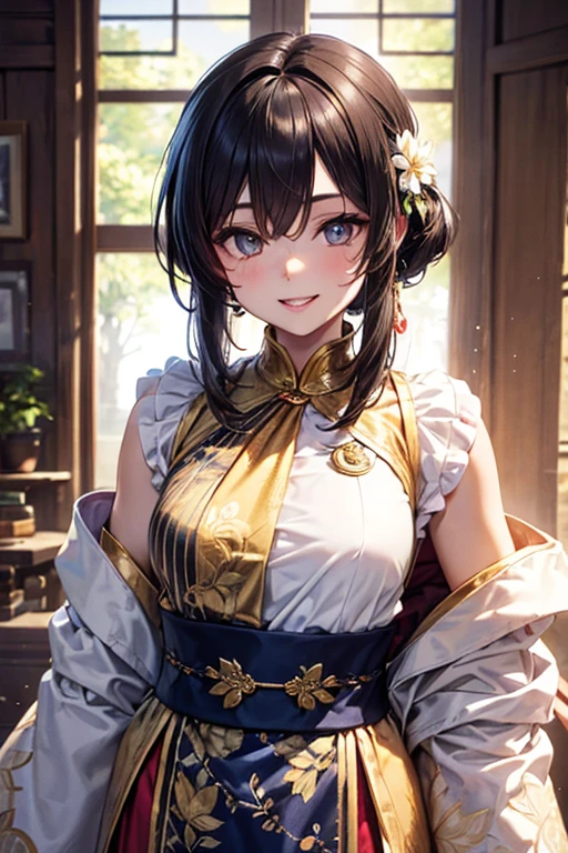 (Unity 16K Wallpaper, Masterpiece, Best Quality, Ultra-Detailed, Extremely Detailed CG, Caustics, Cinematic Lighting, Detailed, Beautiful Detailed Eyes, NSFW:2.0, 1girl, Curby,), Ultra High Resolution, fine skin, (cute: 1.2), (girl), (30 years old), ((simple chinese clothes: 1.2)), (fine background writing, saturated, strong light, outdoor)), smile