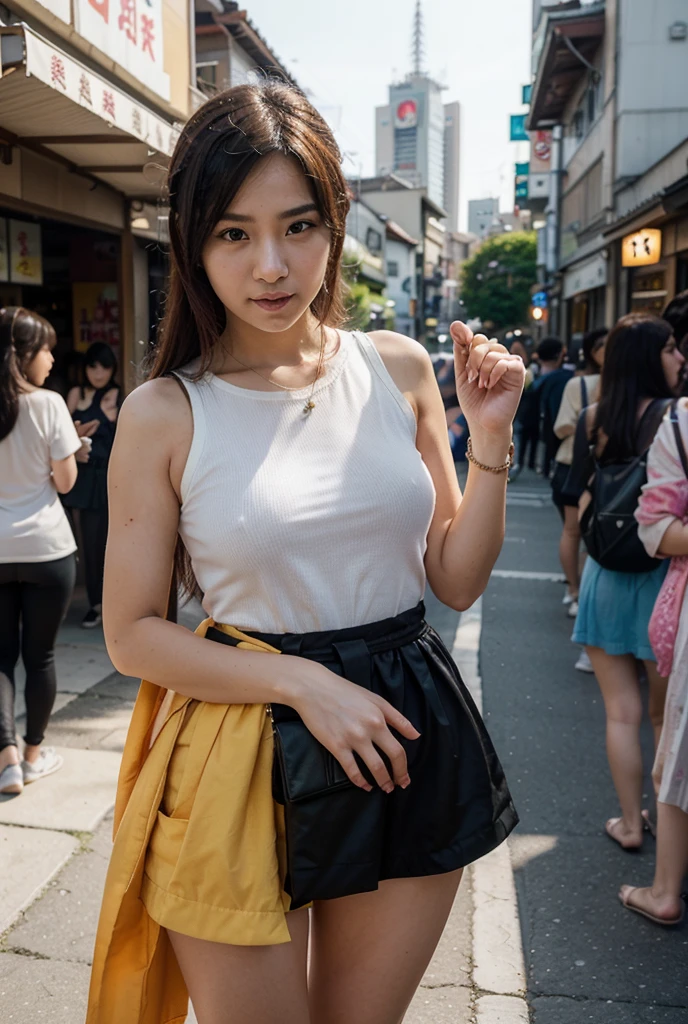 Female supermodel. Yellow t-shirt and jeans. Dim, soft lighting. Sunset. Sugamo Jizodori Shopping Street, Tokyo, Japan. Sunset.