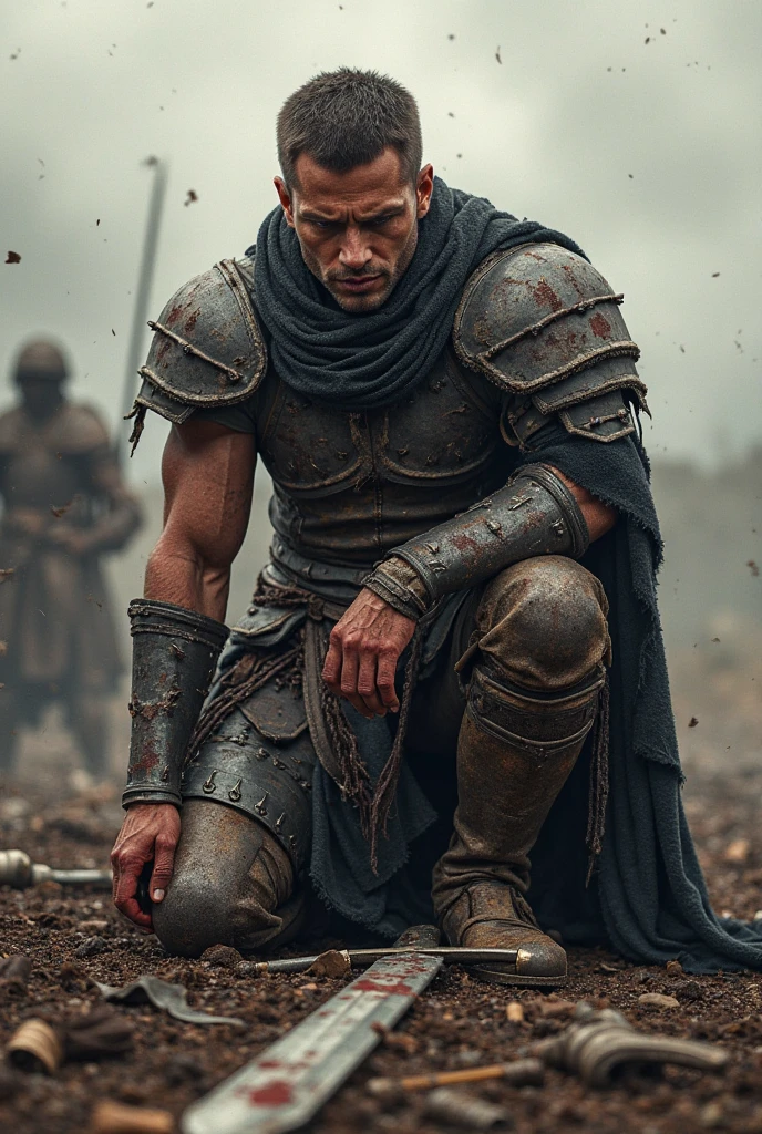A brave teenage warrior, he is in a black shirt,well built body, round face, he has no beard or moustache, and he is kneeling on the ground of the battlefield with his long sword stuck in the ground,and he is smiling like a devil