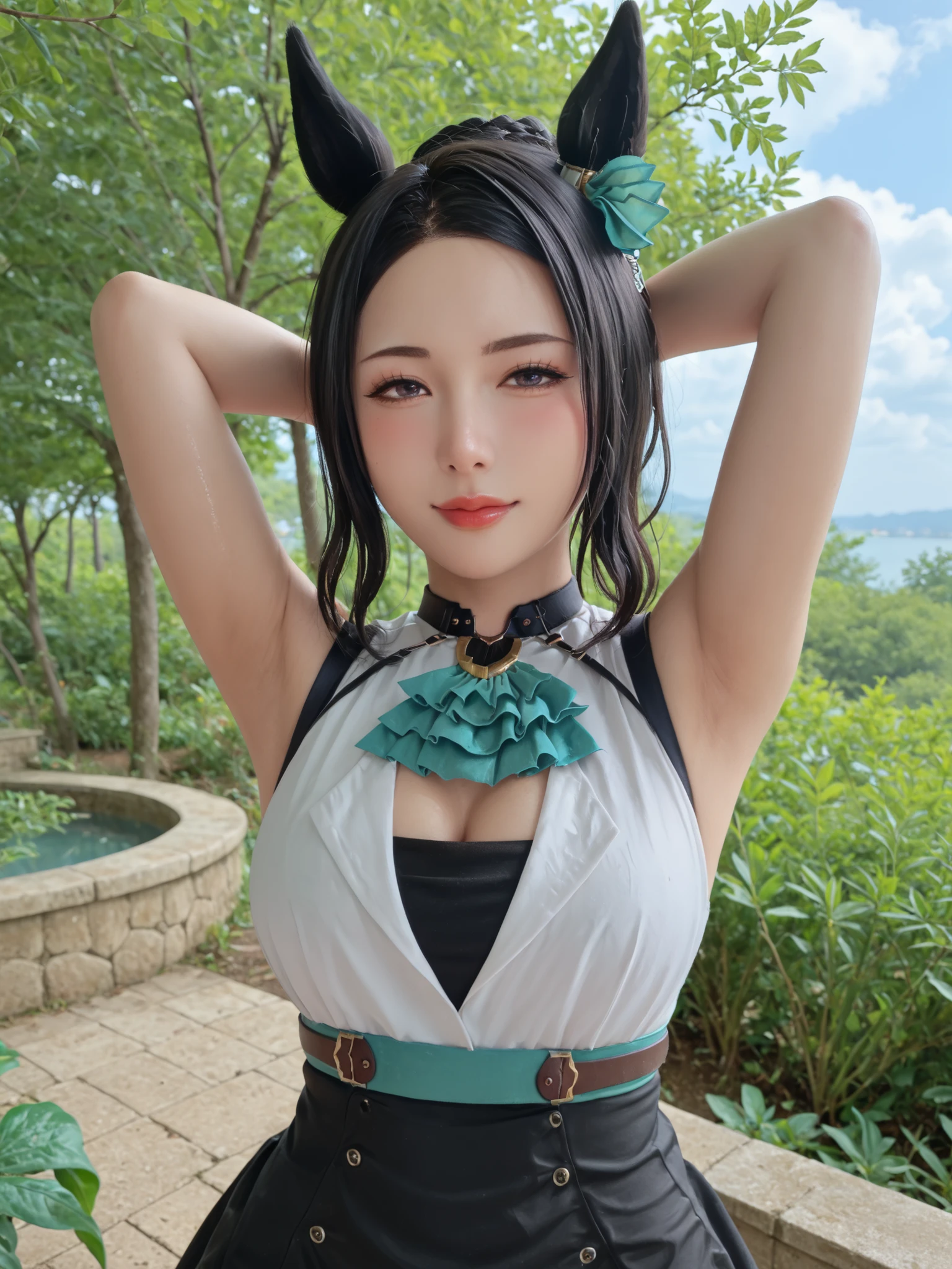 realistic photo,live-action,masterpiece, best quality, very high resolution,sleeveless,((Show me your armpits)),Cleavage,wet skin,solo,1girl,drill hair, chest wrap ,white-eye lamone, Multi Colored Hair, Braided Bun, striped hair on men's clothing, Year Ornament, moles under the eyes that can be seen inside the genitals, Green Ascot, multi colored clothes ,creevage cutout, Harness, belt, bracelet, single glove , Frill High Waist Skirt, Horse Ears,Horse Tail, single garter strap, Single Black Thigh High,hair ornament,Outdoors, Reef, null, tree, cloud, Blurry, blush, front view,(sexy pose,Seductive Poses,cross your arms behind your head,kiss face)
