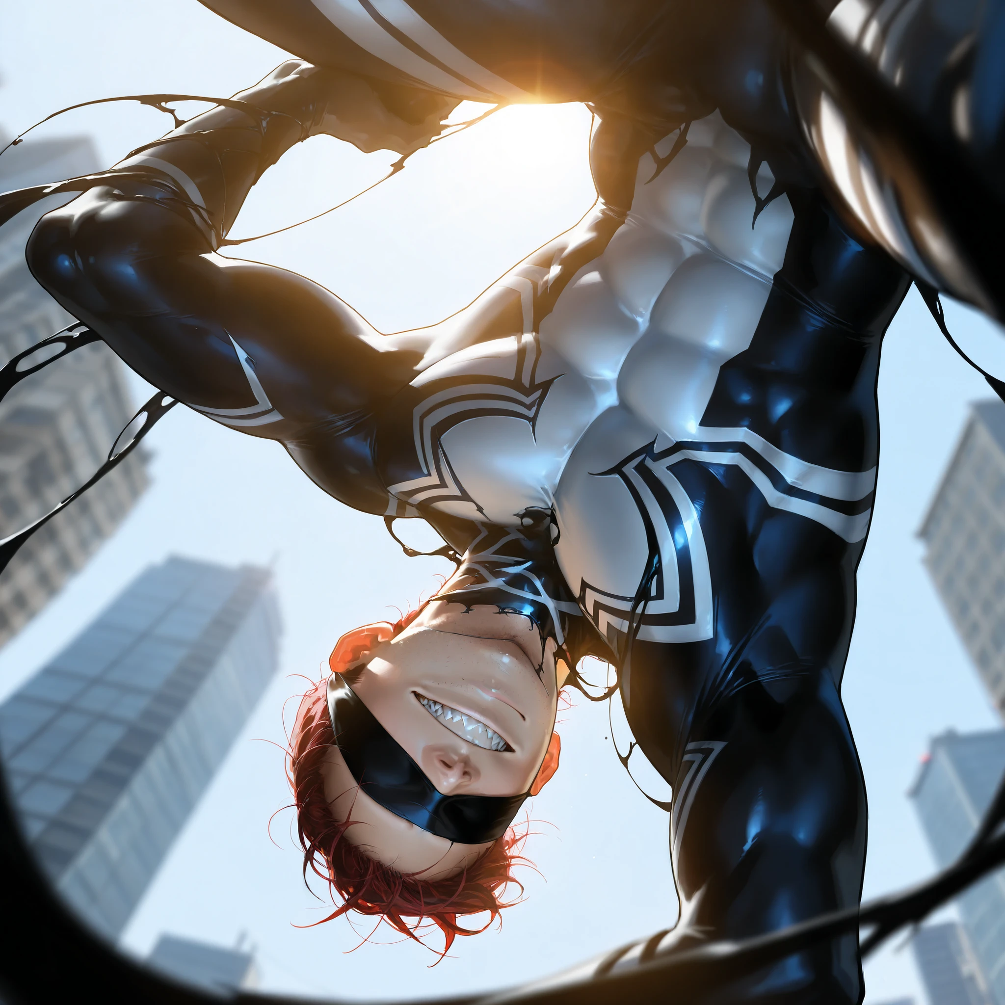 masterpiece, best quality, ultra-detailed, newest, muscular body, mature face, face focus upper body, from below, daytime, urban background blurred, realistic lighting, 1man, solo, short messy red hair, black blindfold covering the eyes, confident faint smile, sharp jawline, light stubble, natural pale skin tone, sunlight from side, faint city background, cinematic atmosphere, Symbiote Suit, upside down pose, Suspended upside down from a web attached above his feet