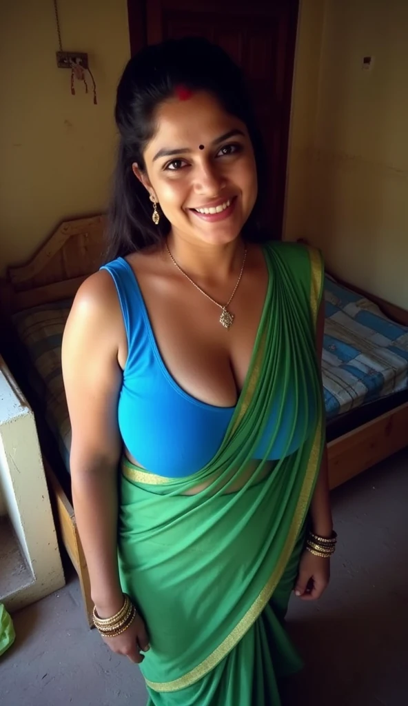 Bondage scene, low angle shot of extreme close up photo of Nivetha thomas as prostitute, seducing erotic and fully bending over in a bathroom, big cheeks, hourglass figure, swooping breasts, wide open legs, showing armpits to viewer, French braid hair, sultry, red blouse and green embroidery floral design saree, necklace, look at viewer and smile, (cinematic:1.3), intricate details, (ArtStation:1.2)