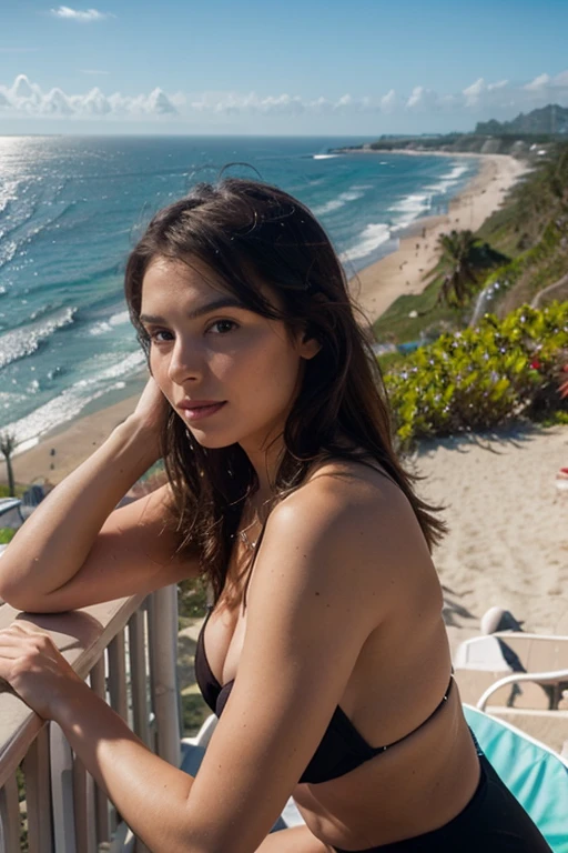 1girl in, 30 years old, Square face, Long hair, Looking at viewer, jewelry, Reality, Sexy, student clothes ,Background of rocky beach on the beach , resting position