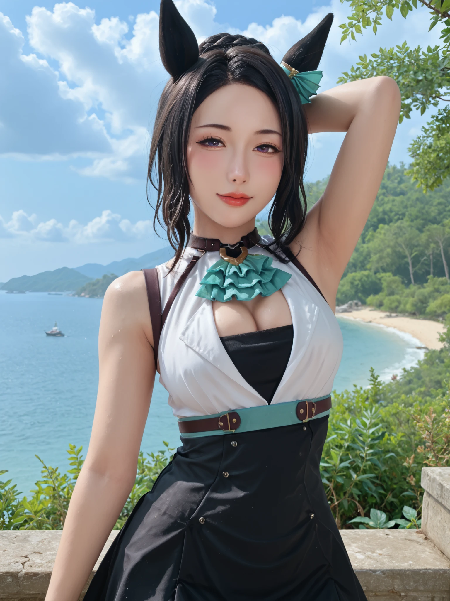 realistic photo,live-action,masterpiece, best quality, very high resolution,sleeveless,((Show me your armpits)),Cleavage,wet skin,solo,1girl,drill hair, chest wrap ,white-eye lamone, Multi Colored Hair, Braided Bun, striped hair on men's clothing, Year Ornament, moles under the eyes that can be seen inside the genitals, Green Ascot, multi colored clothes ,creevage cutout, Harness, belt, bracelet, single glove , Frill High Waist Skirt, Horse Ears,Horse Tail, single garter strap, Single Black Thigh High,hair ornament,Outdoors, Reef, null, tree, cloud, Blurry, blush, front view,(sexy pose,Seductive Poses,cross your arms behind your head,kiss face)