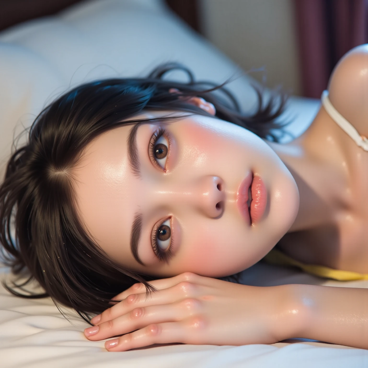 Highest quality, Face Focus, Soft Light, Ultra-high resolution, (Realistic:1.4), RAW Photos, 1 Japanese girl, alone, cute, (pupil, Light in your eyes), Beautiful face in every detail, (Small box),(High resolution detail of human skin texture), (Short Hair), indoor, In underwear, (Portraiture)、Sleeping on the bed