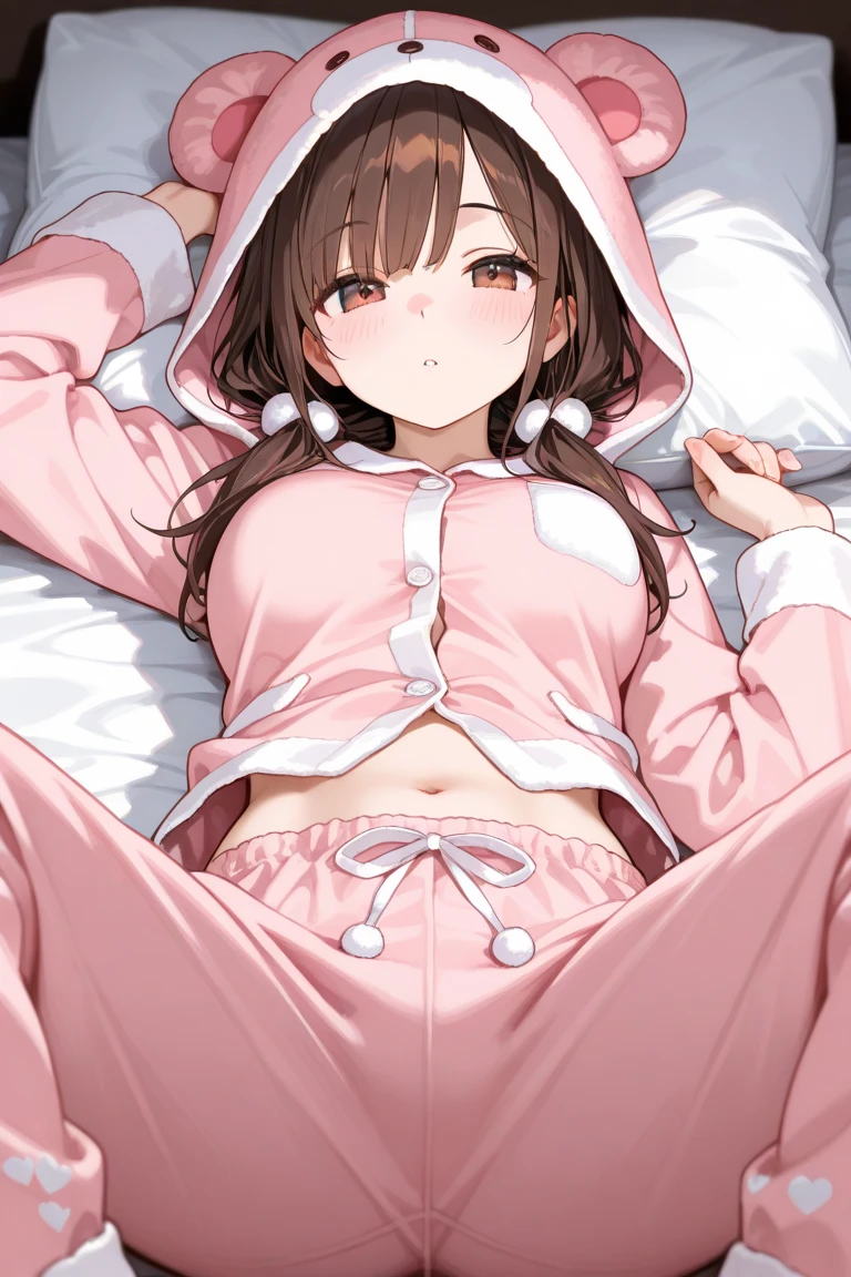 ((highest quality)), ((masterpiece)), (detailed), Perfect face brown hair Cat ear Wolf Cut White hoodie Large breasts Lying in bed my clothes are very wet blush Have a fever Feeling exhausted