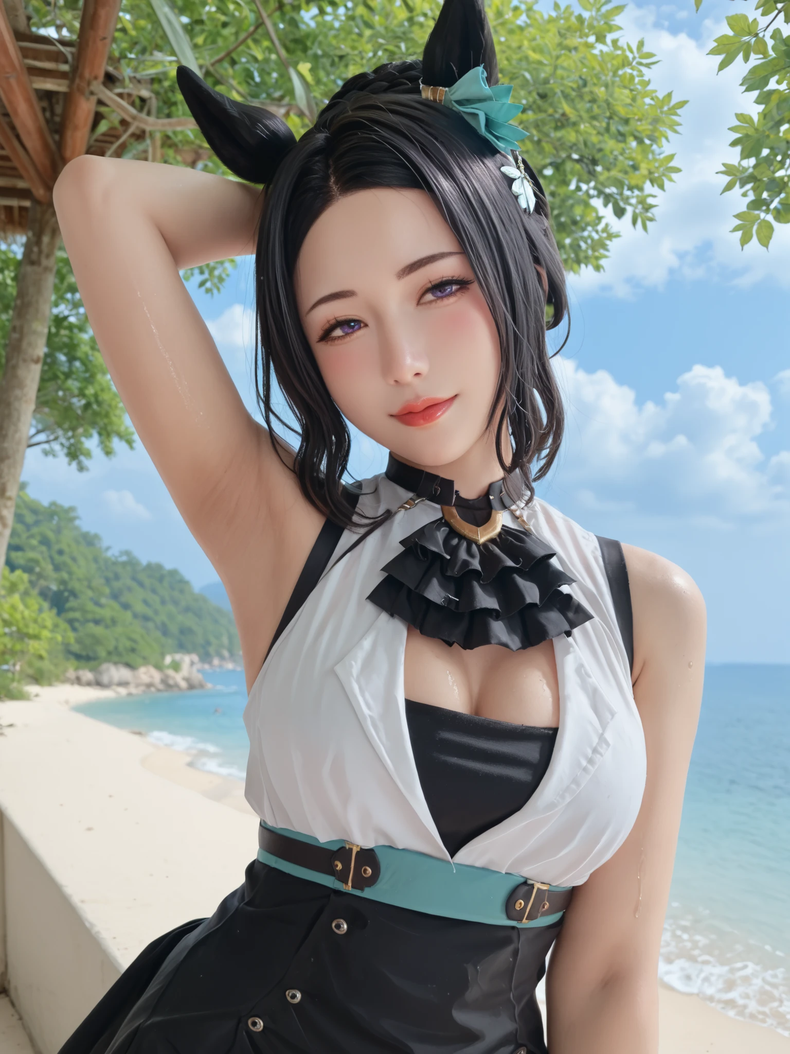 anime style、short hair、black hair、goggles、big breasts、Miko costume、Beauty