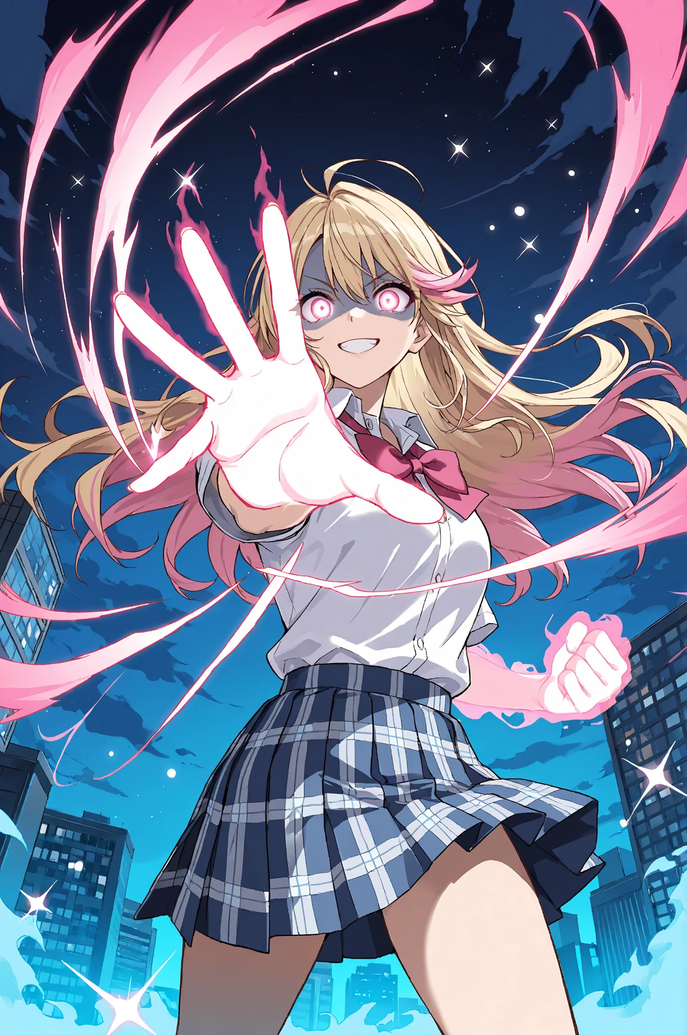 1girl,
casual wear,skirt,
<lora:kamehamehaXL2:1>,kamehameha,
looking at viewer,serious,v-shaped eyebrows,scream,
foreshortening,energy ball, light particles,energy beam, speed lines,(spread legs:0.7),standing,
electricity,
gradient background, vivid color,
masterpiece, best quality, ultra detailed, highres,4k,(ultra-detailed:1.4) (illustration:0.5), (ray tracing,:0.8),(anime colored:0.7),(ai-generated:0.8),
