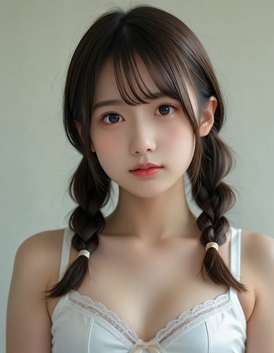 highest quality, Realistic, 8K, High resolution, 1 Girl, woman, (Skin dents), (Portraiture:0.6), nice, ((White Background, Completely naked, Small breasts:1.65)), (Brown hair in twin tails, Parted bangs:1.4), Watching the audience, (1 Girl eyes Watching the audience:1.6), Realistic, (Bokeh), (Closed Mouth, smile:1.3), nice, Purelos Face_V1:1,