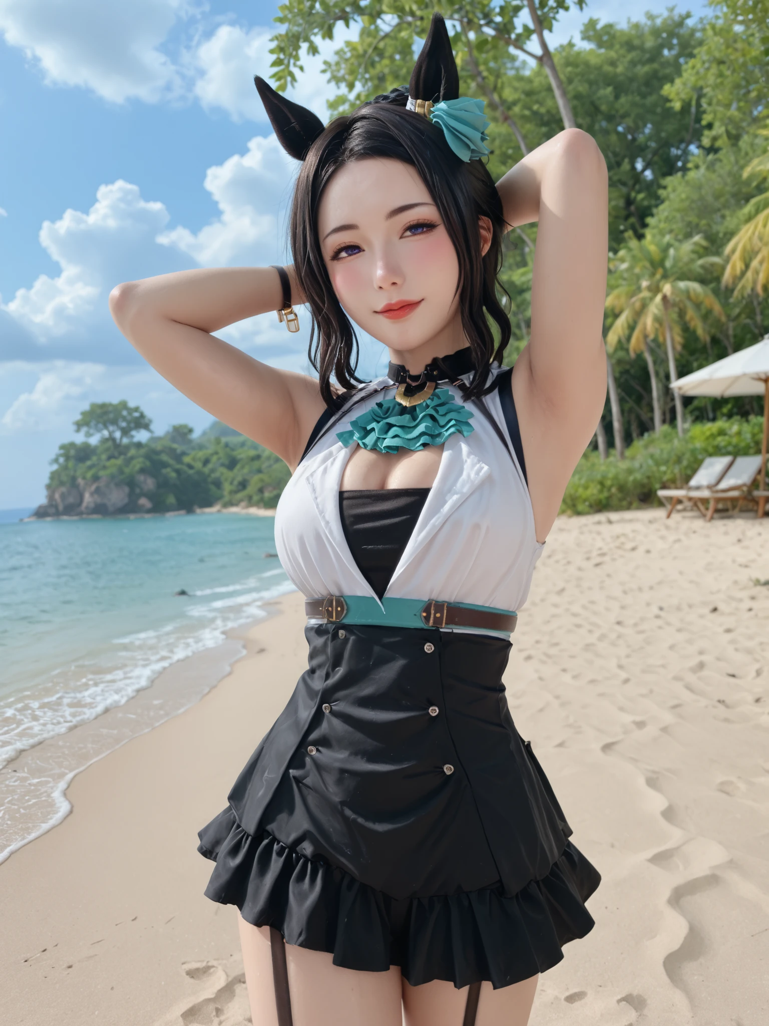realistic photo,live-action,masterpiece, best quality, very high resolution,sleeveless,((Show me your armpits)),Cleavage,wet skin,solo,1girl,drill hair, chest wrap ,white-eye lamone, Multi Colored Hair, Braided Bun, striped hair on men's clothing, Year Ornament, moles under the eyes that can be seen inside the genitals, Green Ascot, multi colored clothes ,creevage cutout, Harness, belt, bracelet, single glove , Frill High Waist Skirt, Horse Ears,Horse Tail, single garter strap, Single Black Thigh High,hair ornament,Outdoors, Reef, null, tree, cloud, Blurry, blush, front view,(sexy pose,Seductive Poses,cross your arms behind your head,kiss face)