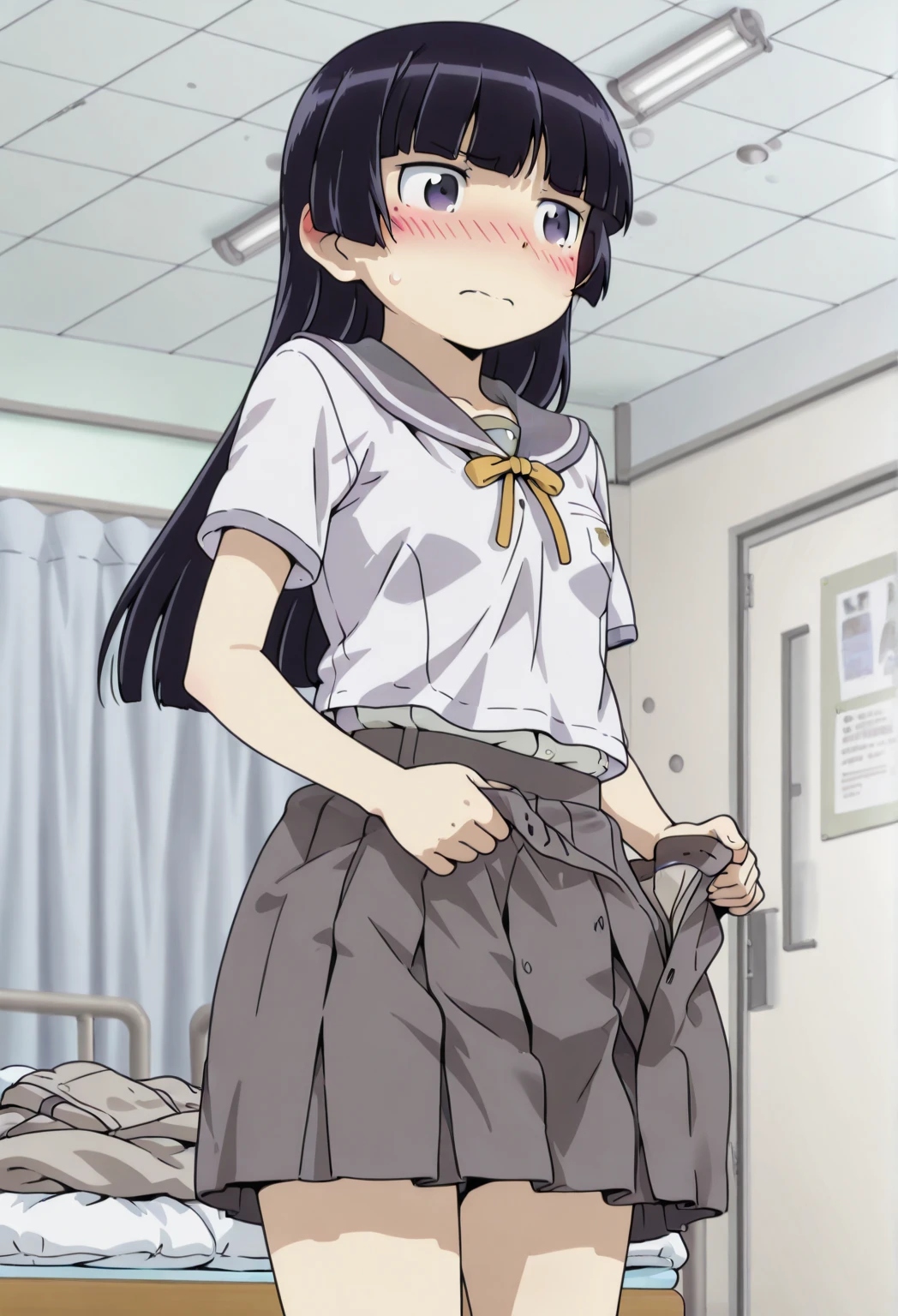 (masterpiece, highest quality: 1.2), alone, 1 girl, alone, panties，，nsfw，black，Sailor suit，blazer，your heather, see-through panties，blush，かなりEmbarrassing， View audience, Long black hair, head band,  Earrings, Big Breasts, Medium Waist,Medium Hips, wide thighs, Embarrassing, charm, Good move..., Excellent anatomy,panties，classroom，，Sailor suit，blazer，skirt， (((skirtめくり, I can see your pants)))，