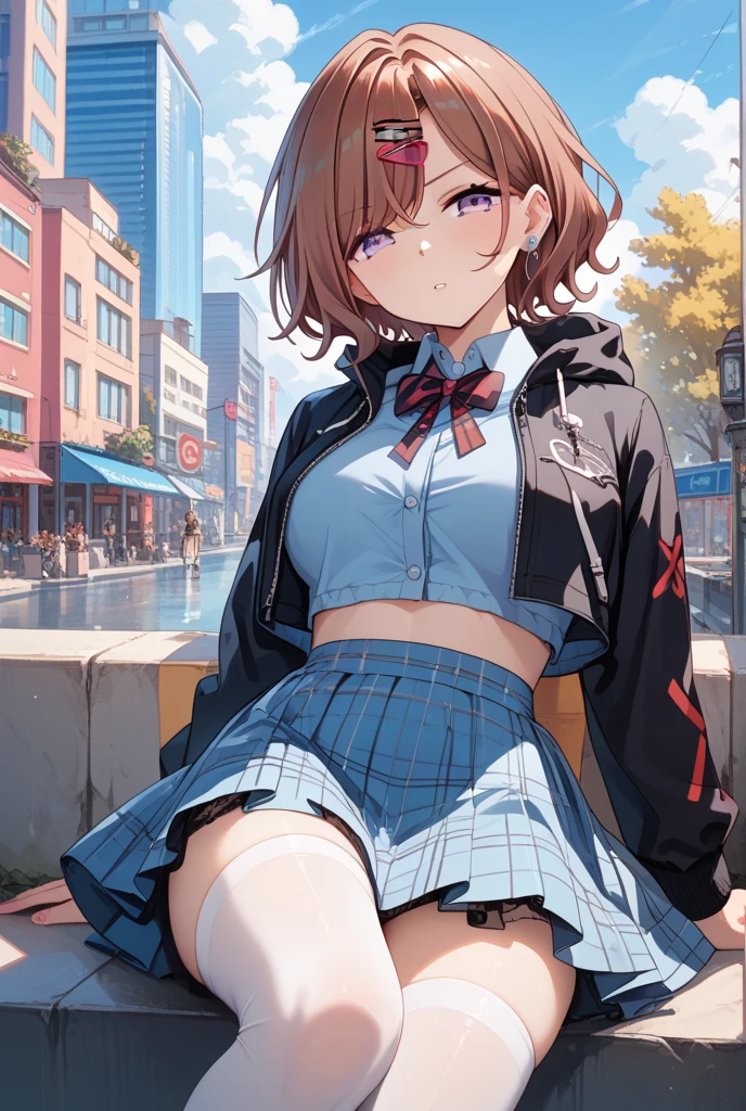 (8k、RAW Photos、最high quality、masterpiece:1.2),Detailed face and eyes,最high quality, Ultra-high resolution, Very detailed ,Intricate details ,Tabletop ,cute , Soft cinematic light, Hyper Detail,Sharp focus, high quality, Blonde, Long Hair, valley、 outside,((White cardigan)),((White shirt)),(Denim mini skirt）、Black socks、(Black knee socks)、(Loafer shoes)、in Tokyo street、night、Cityscape，Small breasts，Flat chest，Brown Hair，Shortcuts，Messy Hair，Slender beauty，Beautiful feet