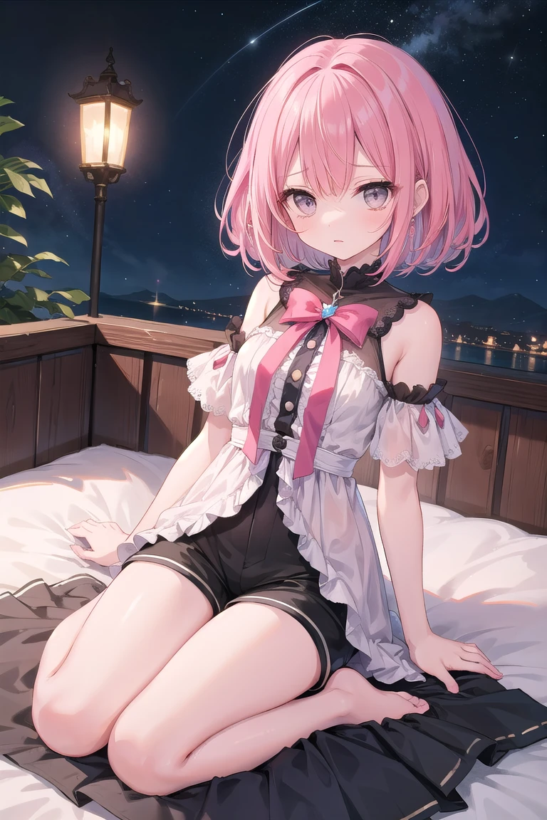 Pink Hair, Pink Eyes、girl、Small breasts、Hair Bun、girl、Small breasts、Lolita、Night view、Bright smile、Looks about 15 years old、Petan Musume、He is short、Eye highlights、Sexy thighs、In underwear、Wearing a sexy underwear、