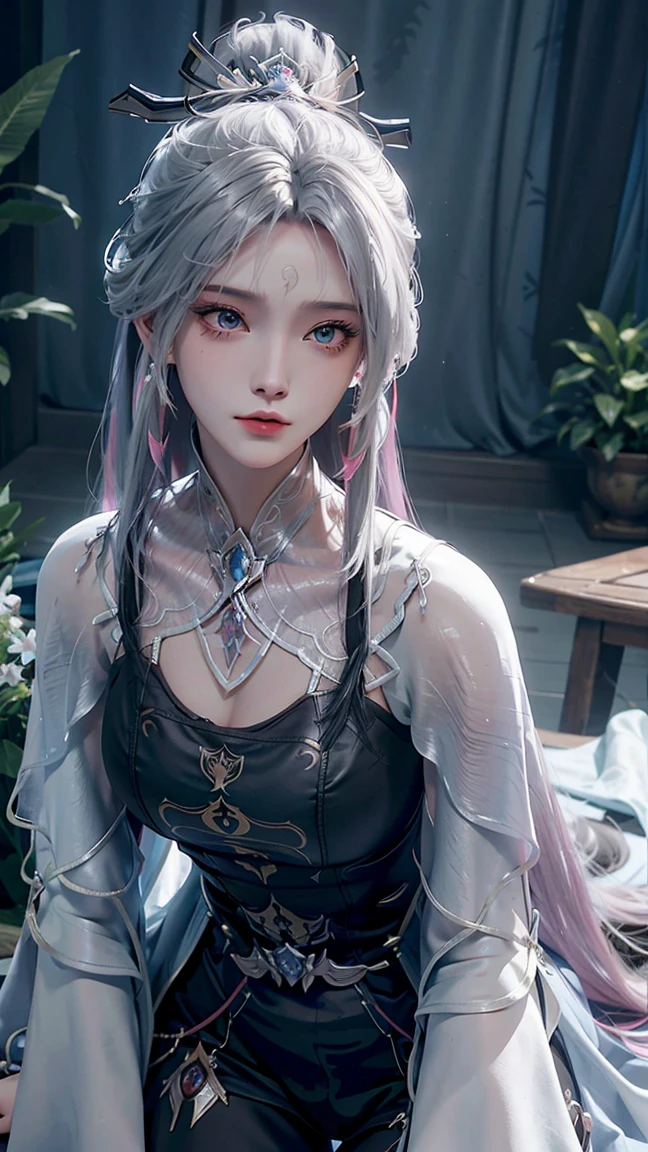 a white hair、Close-up of Miss wearing white mask, Beautiful character painting, Guweiz, Gurwitz-style artwork, White-haired god, author:Yang Jie, Epic and beautiful character art, Stunning character art, author:Fan Qi, by Wuzhun Shifan, pixiv Art Street Guviz, Single ponytail, insult, High Ponytail, Tall and big, Long legs, Walk, elegant, dignified, Miss, Beautiful curves, sweet smile, Strong sense of detail and layering, colour丰富绚丽, Has a unique texture, rich and colourful, colour, vivid, Design Art, 16K, Super detailed, {{illustration}}, {Extremely refined}, {Exquisite surface treatment}, Super detailed, Delicate and shining eyes, {{Light}}, Ultimate light effect, model: Realism, CFG size: 12, Laura: Bright texture (1.35), high quality, masterpiece, Exquisite facial features, Delicate hair depiction, Detailed depiction of the eyes, masterpiece, best quality, Light line tracing, Extremely detailed CG unified 8k wallpaper, masterpiece, best quality, (1 girl), Perfect Miss Body, naked, beautiful eyes, (Delicate face), short black hair, Tie your hair up, Light blue hairpin, Black silk frame glasses, in class, (White skin), (Optimal Lighting), (Super intricate details), 4k unity, (Super detailed CG), Showing off her white legs,Sexy Long Legs, Thin waist, Extremely detailed depiction, Pink Hair, Asymmetrical bangs, Hands on thighs, Move your eyes away, 8k resolution, Raise an eyebrow, shiny hair, Flower head, simple grey background, Climbing towards the viewer, Kitten pose, On all fours,