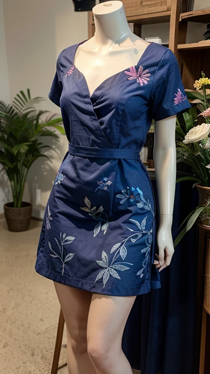 a close up of a dress with a Floral pattern on it, Floral art novuea dress, Floral art nouveau dress, 穿着发光花朵dress的女士, 蓝色旋涡形dress, full length view, 花dress, swirly 花dress, Floral skirt, dress, Full body close-up, Floral, flattering photo, 藤蔓dress, somewhat realistic,Concept