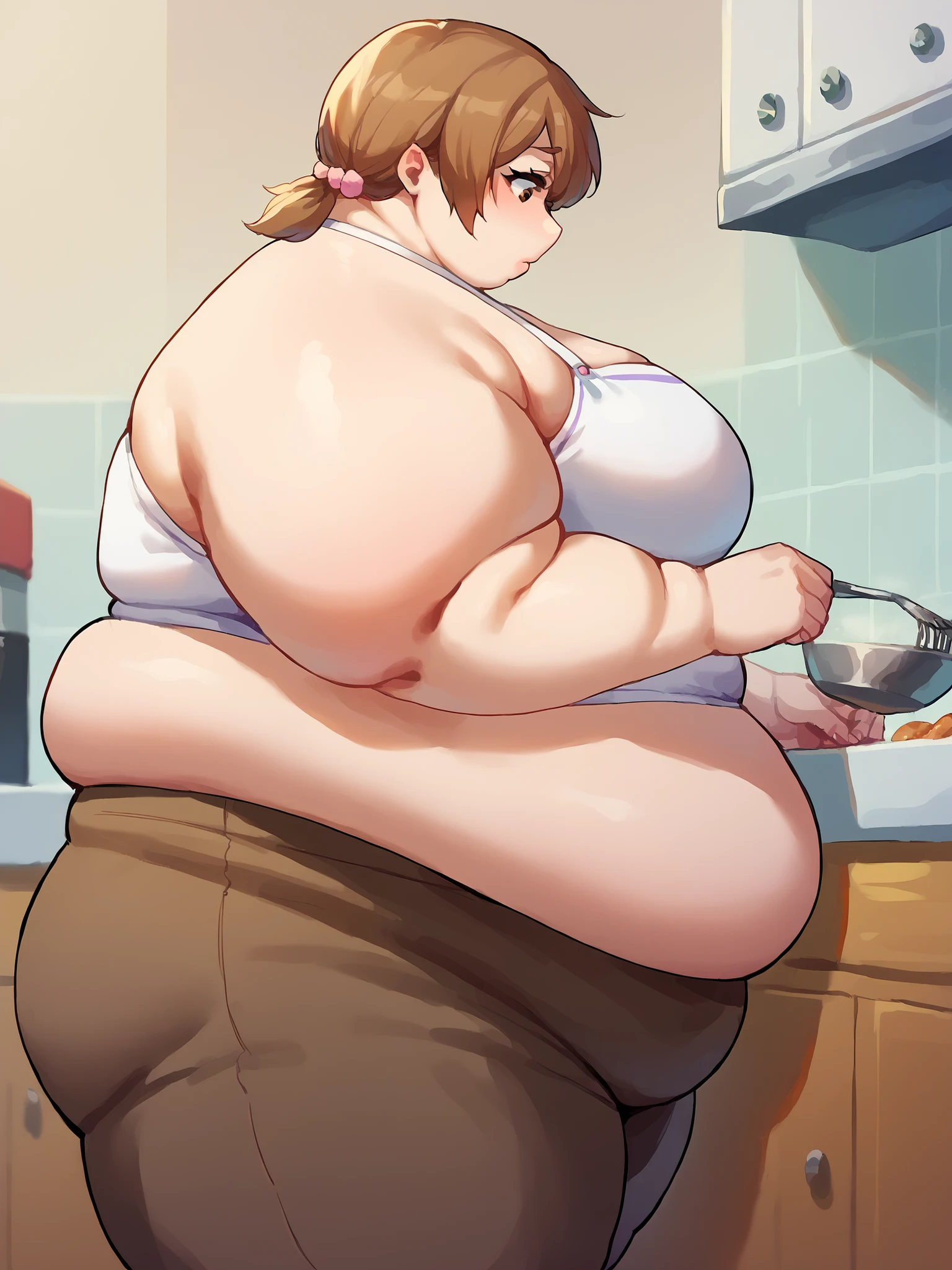 Score_9, score_8_up, score_7_up, score_6_up, source_anime, kitchen background, 1girl, larger_female, size_difference, standing, looking down, BREAK, , yuzu, short hair, brown hair, brown eyes,, twintails, chubby fat female, BREAK, fat, chubby, obese, fupa