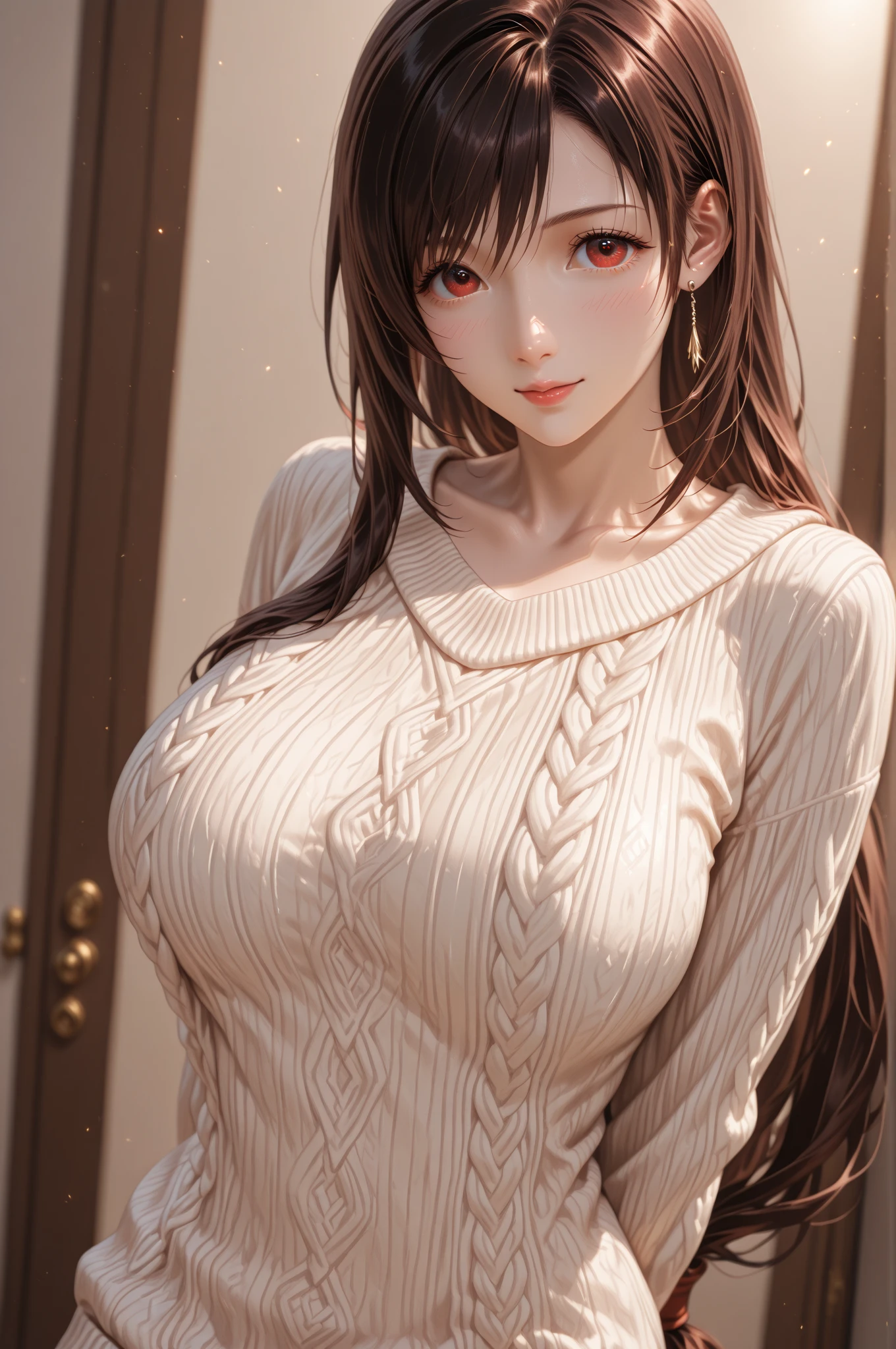 1;girl Tohsaka Rin,solo cabelo preto longo , red sweater , looking at me, happy smirk expression, olhando para o espectador fundo azul, cabelo preto fundo simples dois lados para cima ,gola alta ,olhos azuis, lips closed mouth,fita de cabelo franja ,Gola Alta Sweater,parte superior do corpo , franja repartida ,fita preta ,Twintail ribbed sweater, nariz perfect,pele bem detalhada,(((obra-Prima 3d))) full body (NSFW breasts), hdri, extremely naked, nude, nua, pelada, nsfw, gigantic breast 1.9