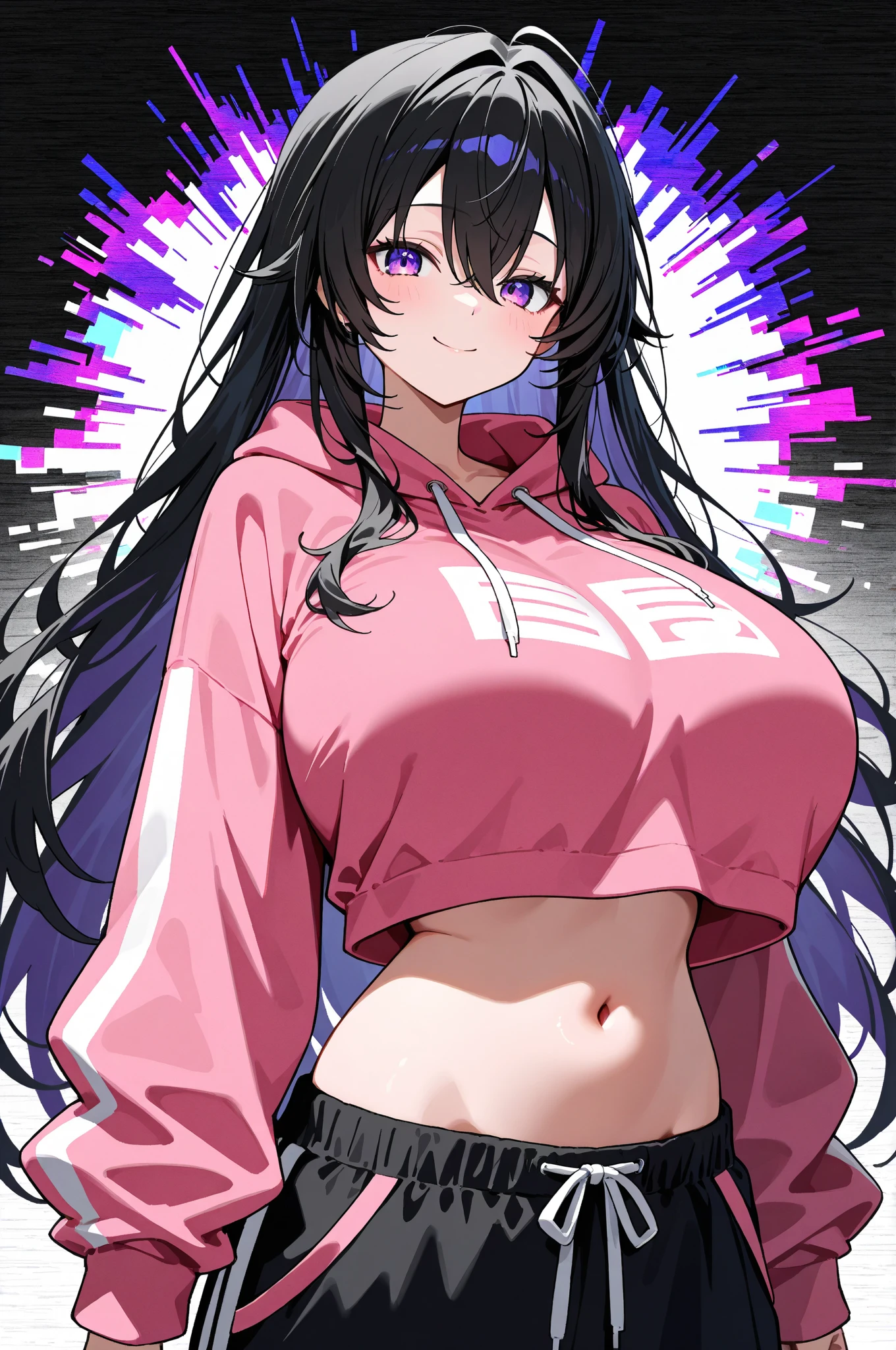 Long black hair scattered,Hair is slightly curled,Pink eyes,Loving pupils,girl,huge tit,White sports shorts,white short sleeve,Clothes drenched in sweat,Stand a word horse,