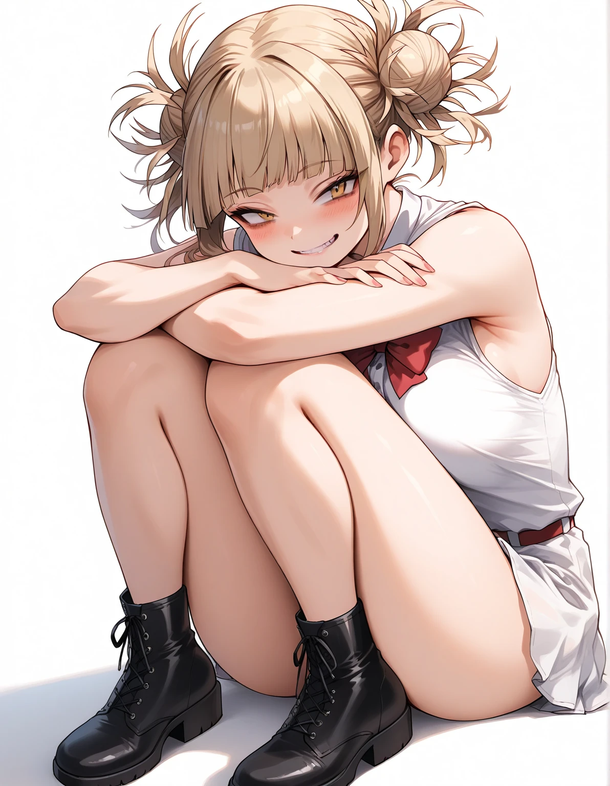 masterpiece,best quality,absurdres,highres,1girl,solo,upper body,bear_ears,candy_hair_ornament,blonde_hair,hair_ornament,animal_ears,food-themed_hair_ornament,sailor_dress,short_hair,sailor_collar,brown_jacket,smile,red_pantyhose,white_sailor_collar,hairclip,blue_dress,white_neckerchief,orange_pantyhose,red_eyes,looking_at_viewer,shoes,long_sleeves,bangs,black_footwear,open_clothes,orange_eyes,black_jacket,<lora:Gum(ark)>,