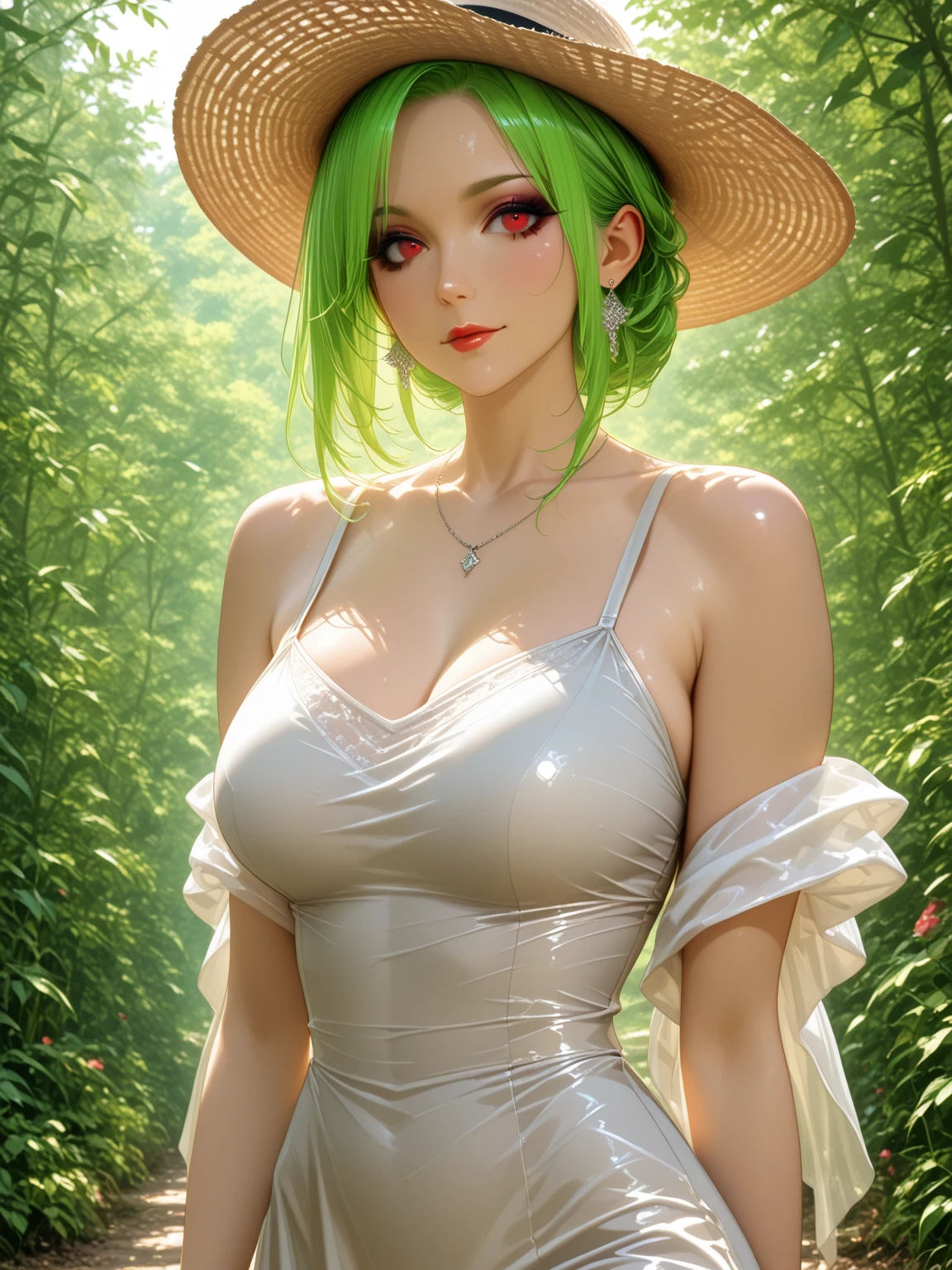 curvy girl ,busty , aryan traits, Whole body, average height, Long hair, fine and elegant face youthful appearance nsfw, green and tropical landscape, HD image, make-up, voluminous lips big and expressive eyes