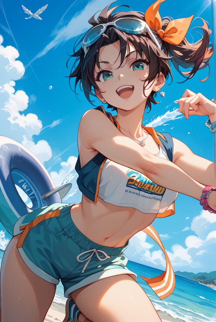 Masterpiece、high resolution、Extremely colorful、miniature painting、A girl in a swimsuit spraying water at us with a water gun、A cheerful smile、Summer blue sky、Colorful Swimsuits、Black short hair、Swimming goggles around his neck、