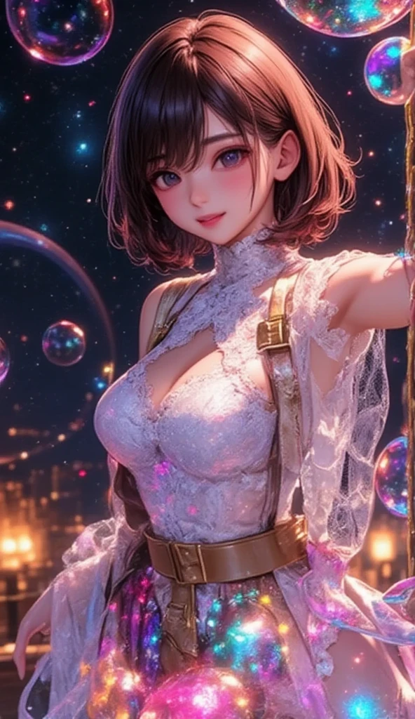 (masterpiece), (HDR), absurdres, (best quality), (ultra high quality), (hi-res), (1girl), (light blue eyes), beautiful detailed eyes, mature, ((dark brown hair)), bangs, short side locks, (((chin length hair))), (wavy hair 1.2), (((silver star hair pin))), (medium breast), ((perky breasts)), ((plunge neckline)), corset, thin waist, wide hips, tight mini skirt, (happy expression), smile, (looking at viewer), sticking chest out, posing, laying on bed in fancy hotel, laying down, relaxing on a bed, night time, city scenery, arms up, one leg up, (((upper body))), ecchi