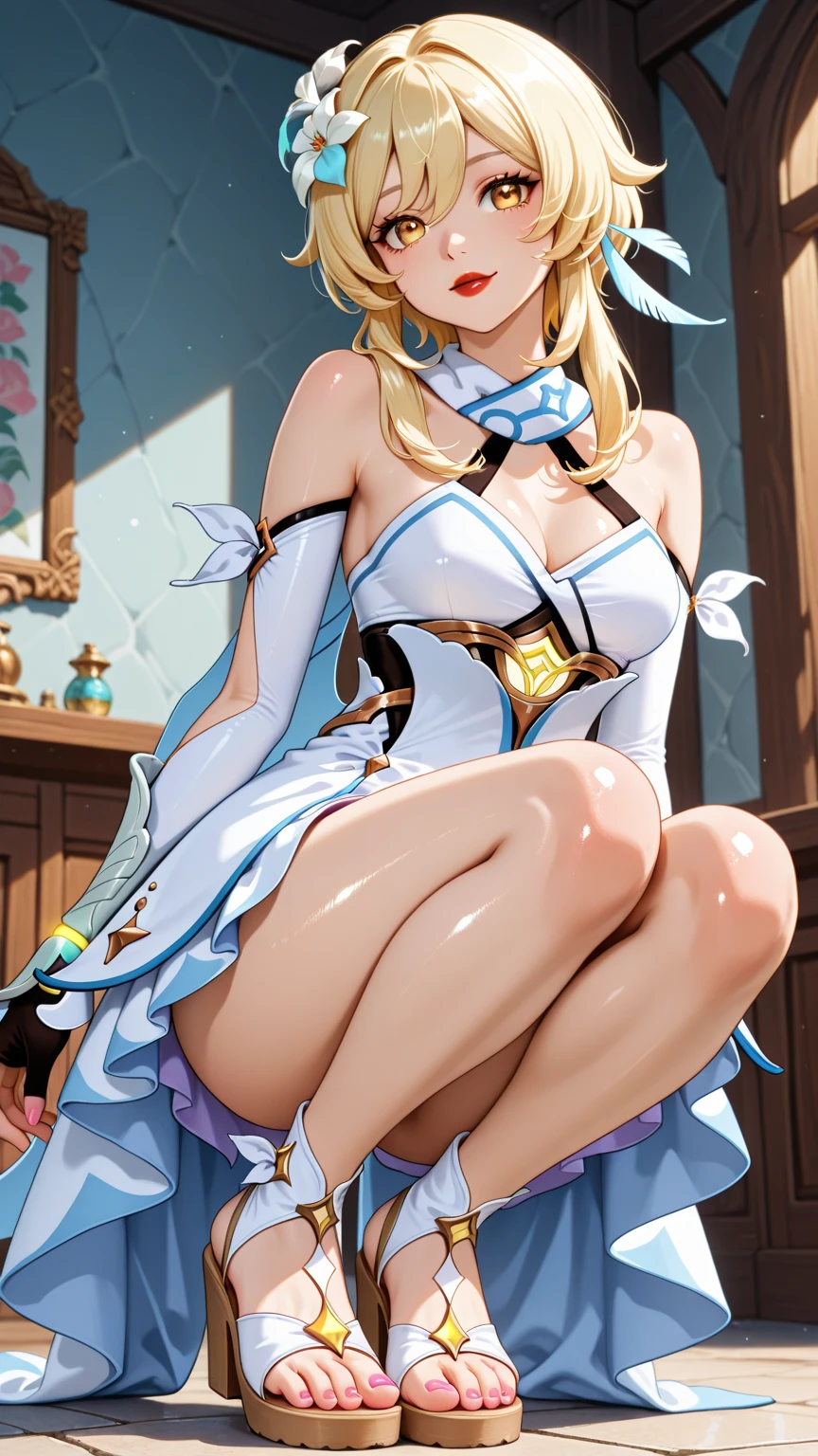 Europa,Beautiful Eyes,Symmetrical eyes,Blonde,Blue Eyes,Beauty,Tiara with flowers and veil,(Huge hips:1.1),
(Huge breasts, Glamour:1.1),Tight waist,Long legs,curve,
((Highest quality)), ((masterpiece)),(detailed),High resolution,Sharp focus,Perfect Face,{best illustration},((complete anatomy)),
(非常にdetailed CG unity 8k wallpaper),(((Vibrant colors))),Official Art,granblue fantasy,
((detailedなボディ)),(detailedな顔)), cute,erotic,Bold,
very shiny 肌,Shiny body,plastic glitter 肌,exaggerated shiny 肌,illuminated 肌,
(Realistic eyes,Perfect Fingers, Natural skin texture, Realistic facial details),Camel Toe,(erection of nipple),
(Flying debris, 超High resolution),(((Light blue and white theme))),Wear an iridescent aura,
Invisible Light, Amazing shine, Sky blue glow, The colors of another world,
Bright colors, Ghostly Effects,Surreal Landscape,
Cleavage,Revealing clothing,White Mini Dress,White boots,Dark blue skirt-style cloak,Gold Jewelry,
Arrogant look, Domineering smile, licking lips,
indoor,Wooden inn, Shabby bed,
FFA, (extreme close-up of thigh:1.5), (The view is from very close below:1.5),
(leg up), sole, feet, looking at viewer, (sitting), arms behind back,(Show off the soles of your feet:1.4),(cum on sole:1.6),