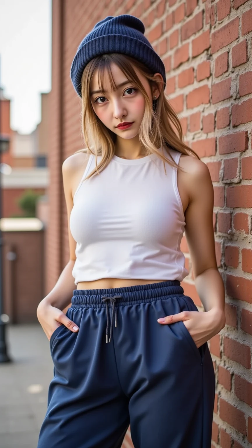 Anime Woman with pail porcelain skin, headless, 2 hands for a head, white hair wolf cut hair with bangs, round breast, black colored crop top, gray cargo pants, and white Nike shoes, anime style