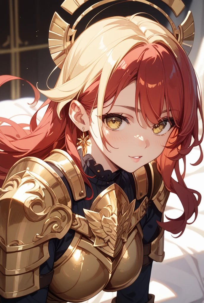 (ridiculous, intricate detail, masterpiece, best quality, high resolution, 8k), girl, thin, young, very detailed eyes and face, red hair, yellow eyes, alone, half shot, detailed background, (light fantasy theme: 1.1), focus, mercenary, sunlight, colorful plate armor, divine aura, bright and realistic lighting, depth of field, visual effects