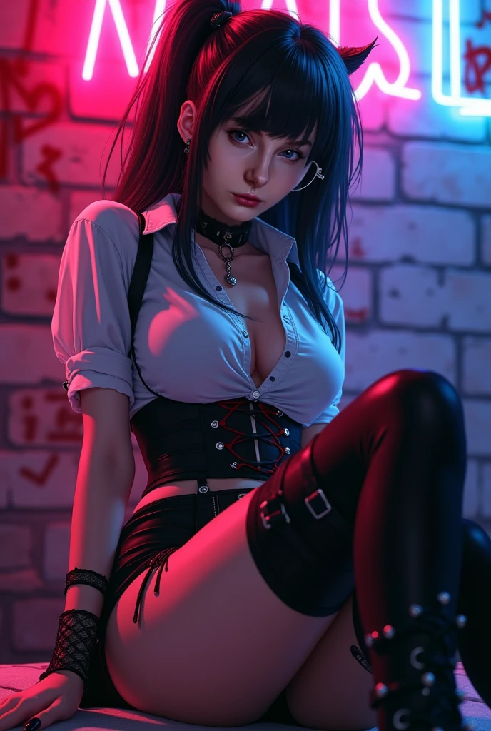 (full figure:1.1), 1 girl as yukino yukinoshita, absurdres, highres, solo, school uniform, big breasts, waist long black hair, (twintails:0.5), (pleated miniskirt:1.2), (black thighhigh socks:1.1), loose red ribbon, unbuttoned white shirt, (ahegao:1.2), (rolling eyes:1.2), (torn clothes:1.5), bare breastss, spread legs