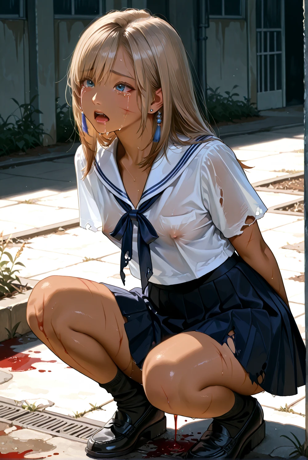 Kneeling, Behind bars, dungeon, Be punished, Be punished in dark prison cell , Many chains hang, Bound by chains, Get wet, enjoying, hyper HD, Textured skin, Super detail , big breasts , skirt dark red , plaid skirt , pleated skirt , Tight shirt , white Shirt , school girl Puked up , red knot , red bow , zombie , dirty clothes ,The clothes were full of stains , wet white shirt , a lot of garbage and junk , Littered with filth , dripping wet, Wet hair, Wet skin, translucent, Glittering with oil , A lot of Yellow saliva flowed from the mouth , Yellow saliva dripped down and stained her shirt , Yellow saliva ran down her shirt , Puked up , vomit , Poop comes out of the bottom , Poop comes out of the asshole , Shit comes out of the asshole