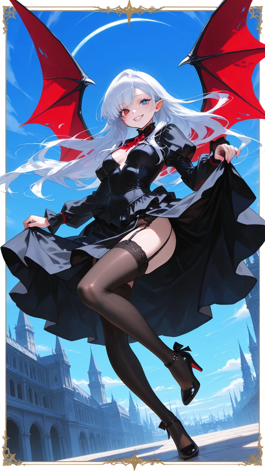 (((masterpiece))), (((best quality))), ((from below)), ((vampire ballet)), ((tiptoe on railings)), ((fist gloves)), (bat wings), glowing eyes, lace leotard, chiffon tutu, scrunchie, night, candle, skylight, spiral stairs, bloody stains, mansion Interior, dark fantasy, tyndall effect, ornate decorative windows, solo, 1girl, white hair, cute, sweat, cleavage, big tits, shy, blush, slim figure, <lora:girllikevampireballet:0.8>