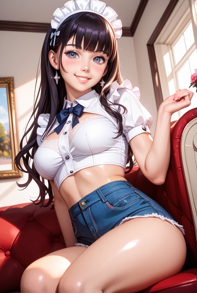 Ground level image, 25' Supergirl girl sitting legs apart and posing presenting white lace panties, Mini skirt upskirt with one hand, teasing Supergirl in legs apart position, 1 girl sitting on low chair, Embarrassed look, looking at them eyes, shy, sweet smile with closed mouth, blushing red, mid-part bangs, short brown hair, magazine cover, brown hair, with long curly hair, golden blue eyes, short sleeves, carbon black and white minimal uniform with minimal open top,stylish and intricate white bra and panties, short sleeves, Masterpiece, wallpaper, full body, sitting on chair, Supergirl Minimal uniform, Serafuku, white tights and red boots, Showing parts , NSFW Award Winning Photo