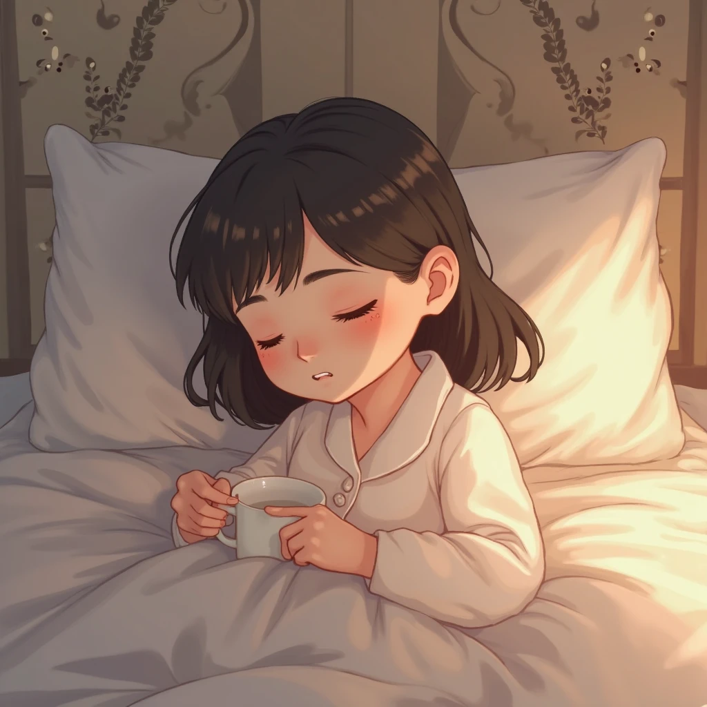 The person drinks the tea, and his expression changes to one of relaxation and satisfaction. Then she snuggles into bed with a smile.