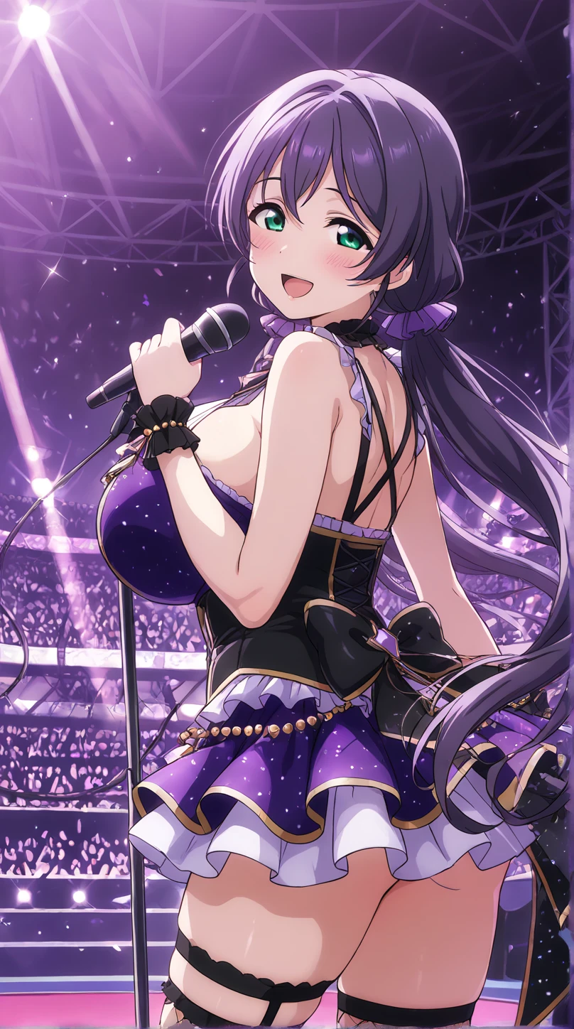 todoshizuko, purple hair, ponytail, hair ribbon, long hair, blue eyes, makeup, 14years old, large breasts,, Live Stage, solo nipple