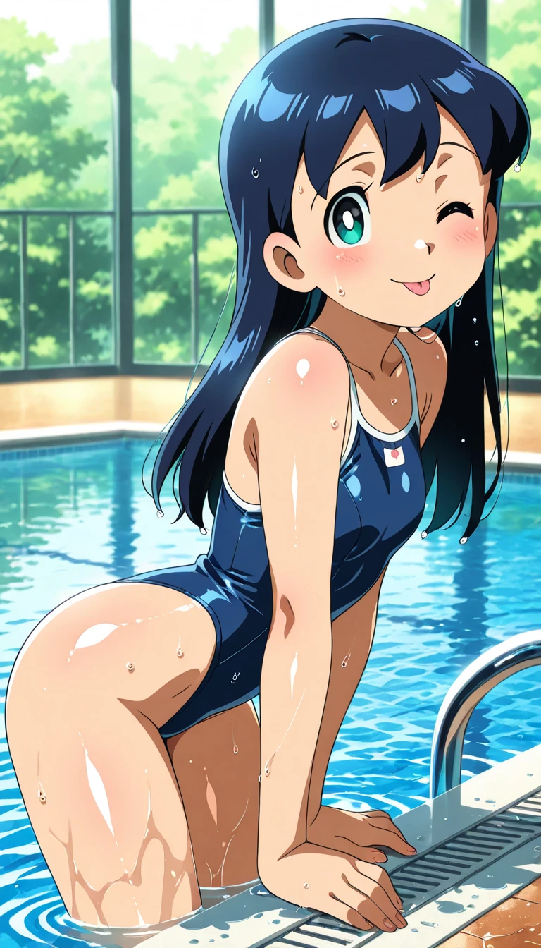 Highest quality、Realistic、、zoom、Primary school students、Girl、look up、cute、Light grey eyes、Black Hair、Long ponytail hair、Tanned brown skin、Dark Skin、School Swimsuit、Navy blue swimsuit、Shy laugh、Flat Chest、Bust Shot、thin、Pool