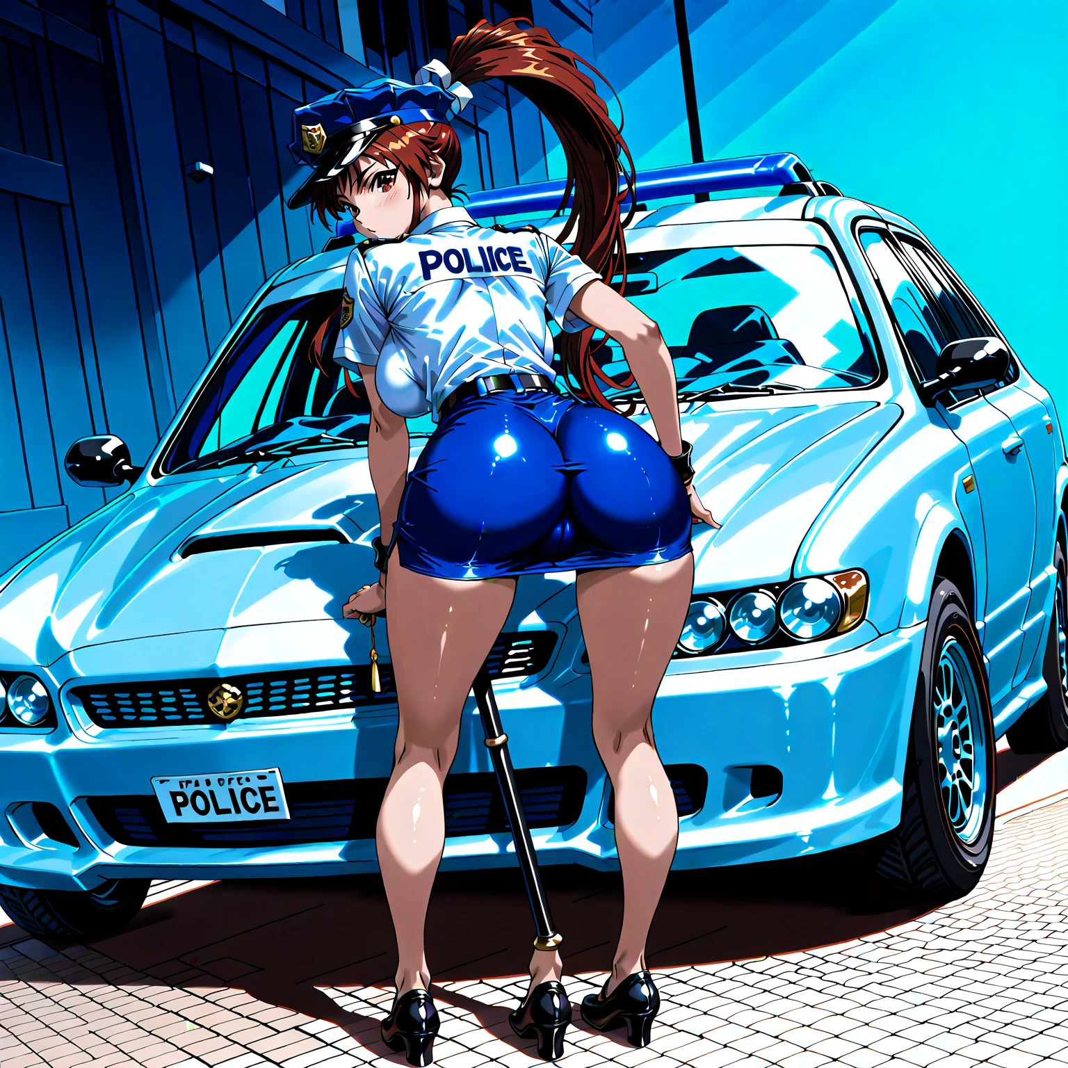 1girl, solo, pkmnJenny, green hair, red orange eyes, expressive eyes, full lips, vivid lips, huge breasts, wide hips, cameltoe, white panties, wet pussy, wet panties, blue hat, star hat, police uniform, blue shirt, short sleeves, belt, pencil skirt, white gloves, black high heels, roadside, leaning over motorcycle, white motorcycle, 