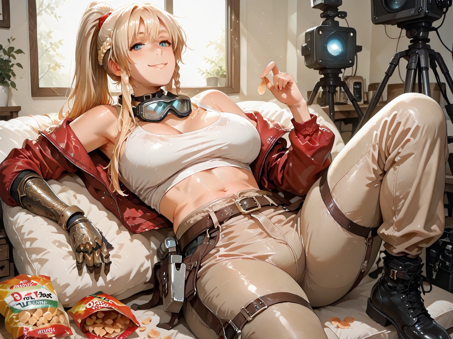 realistic, (real picture, intricate details, depth of field), (1girl, solo), make up, parted lips, highly-detailed, perfect face,
(huge breasts:1), (skindentation), thick thighs, wide hips, small waist, tall, glossy coral lips,
(blond hair:1.4),ponytail,
(sweating:1.2), (wet), sexy, blushing,shiranui mai,genryusai maki,final fight,red kimono, bare shoulder,full body, bare legs, barefoot,cleavage,bare arms,fishnet bra,ninja, kunoichi,shinobi,chain mail shirt,muscular female, panties,sweating,sweating profusely,shouting, screaming, open mouth,(moaning in pain, feeling pain, tears, pain, crying with pain, expression of anguish),lying on the bed, on back,Nashiko Momotsuki,